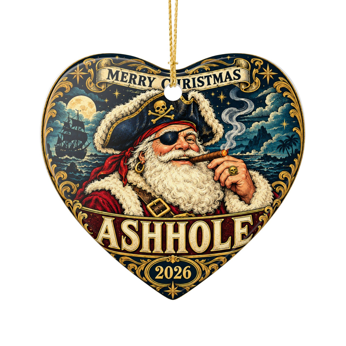 Merry Christmas Ashhole ceramic ornament, heart shape, front with Pirate Santa