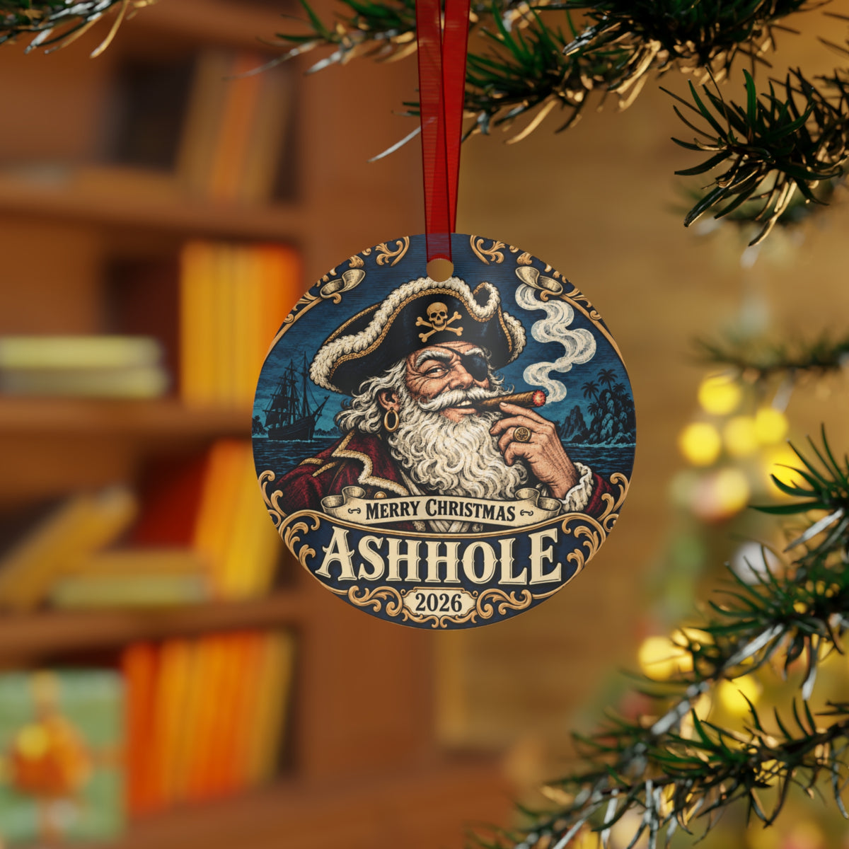 Merry Christmas Ashhole metal ornament, round shape, front with Pirate Santa