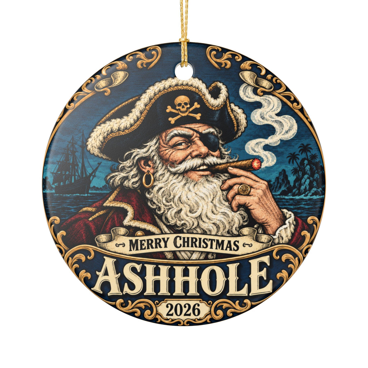 Merry Christmas Ashhole ceramic ornament, round shape, front with Pirate Santa