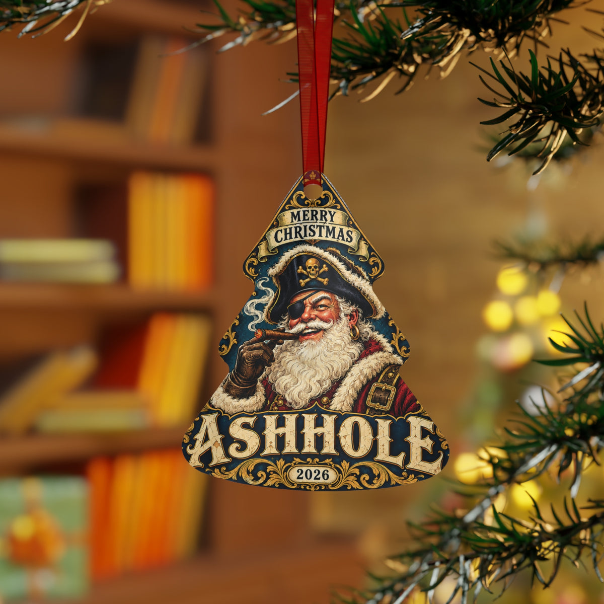 Merry Christmas Ashhole metal ornament, tree shape, front with Pirate Santa