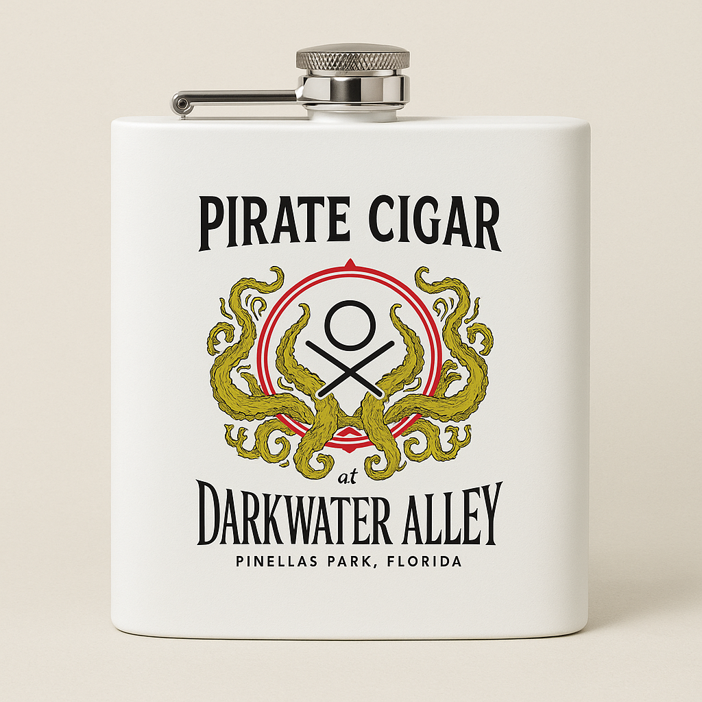 6oz white powder coated stainless steel hip flask with the full color Pirate Cigar kraken crest