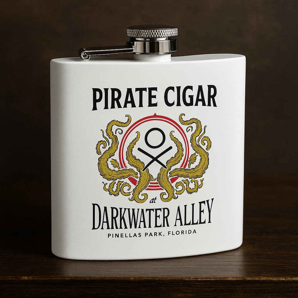 Pirate Cigar kraken crest 6oz powder coated stainless steel hip flask, alternate view