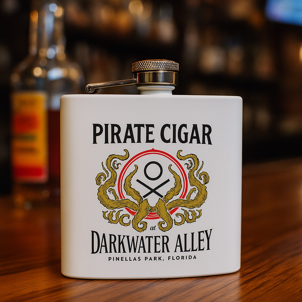 Pirate Cigar kraken crest 6oz powder coated stainless steel hip flask, alternate view