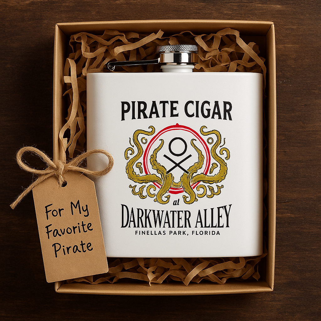 Pirate Cigar kraken crest 6oz powder coated stainless steel hip flask, alternate view