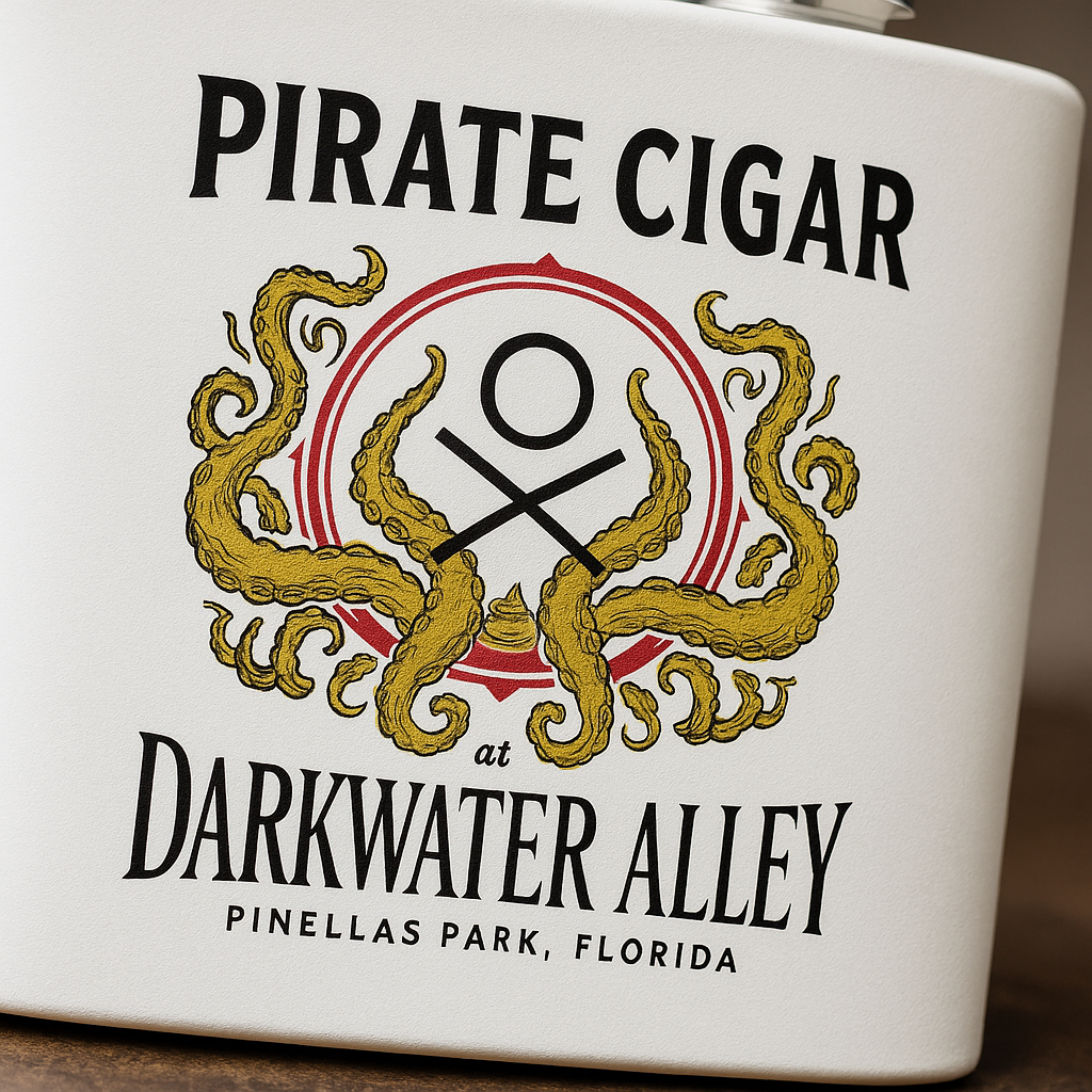 Pirate Cigar kraken crest 6oz powder coated stainless steel hip flask, alternate view