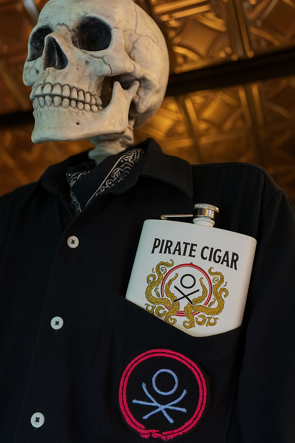 Pirate Cigar kraken crest 6oz powder coated stainless steel hip flask, alternate view