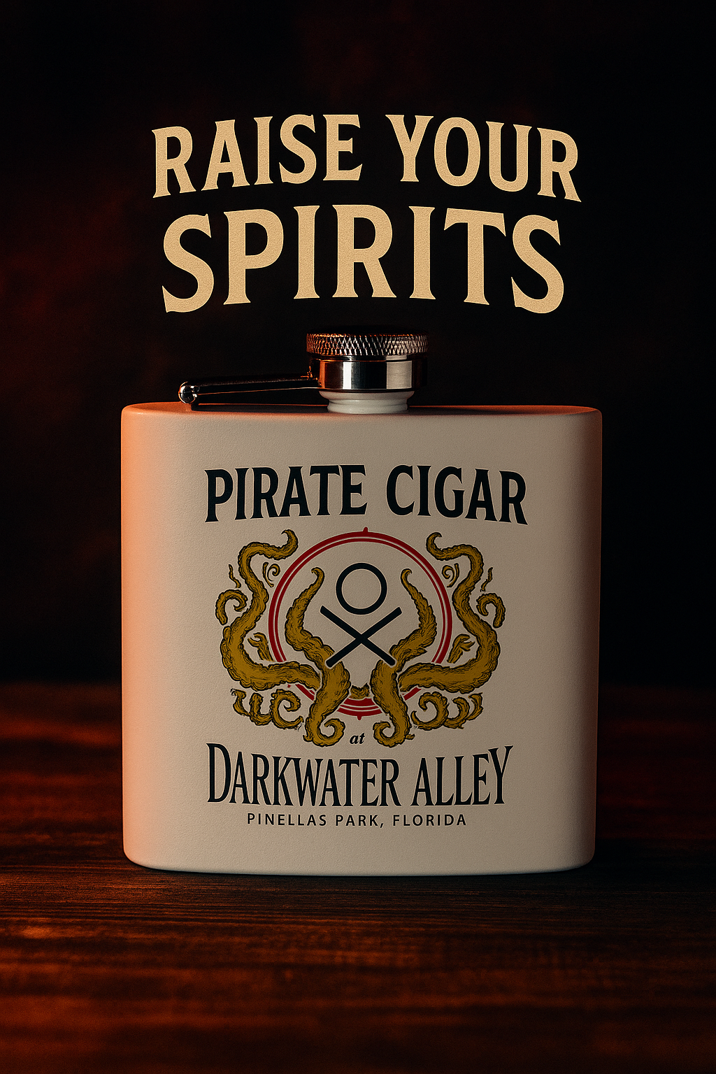 Pirate Cigar kraken crest 6oz powder coated stainless steel hip flask, alternate view