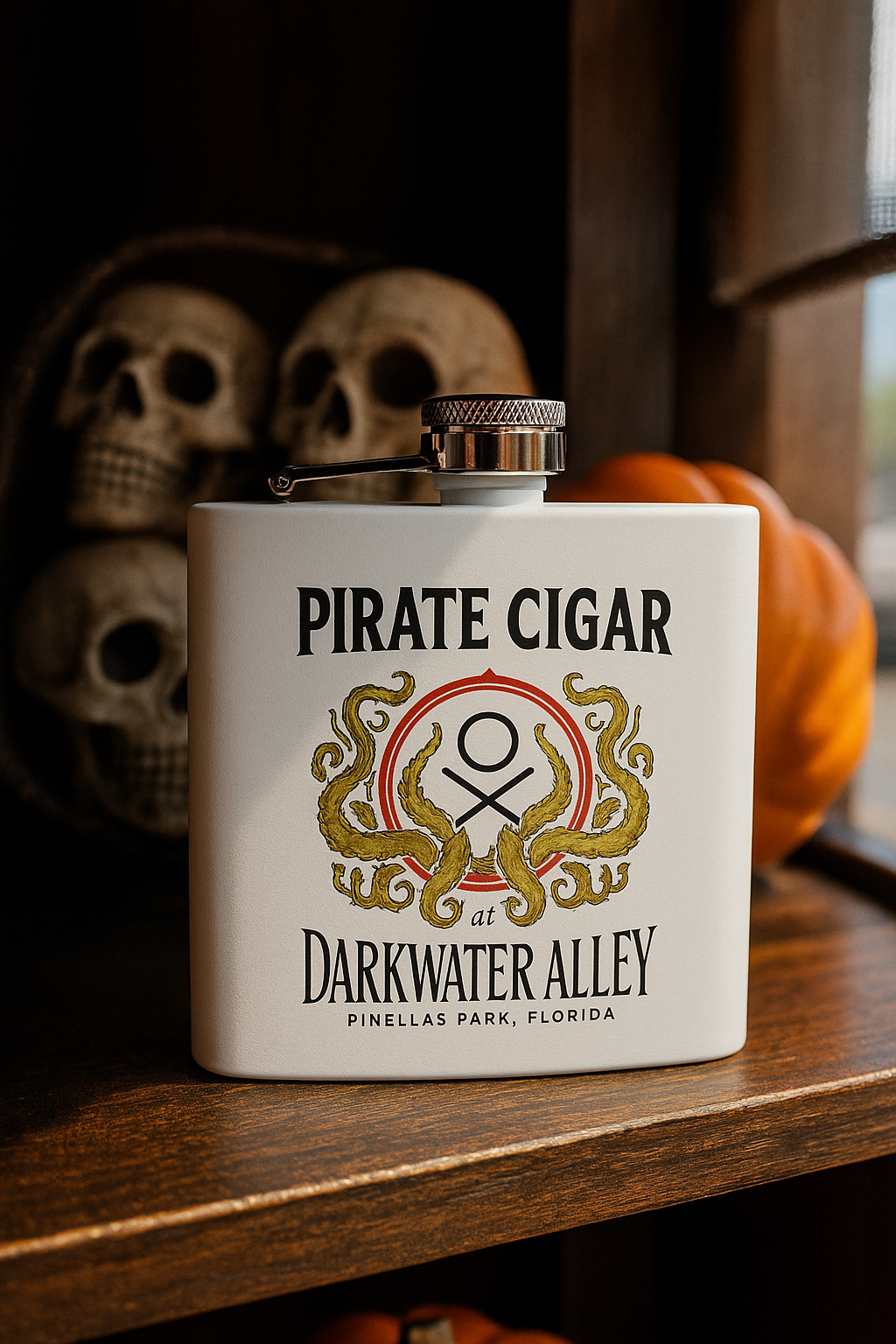 Pirate Cigar kraken crest 6oz powder coated stainless steel hip flask, alternate view