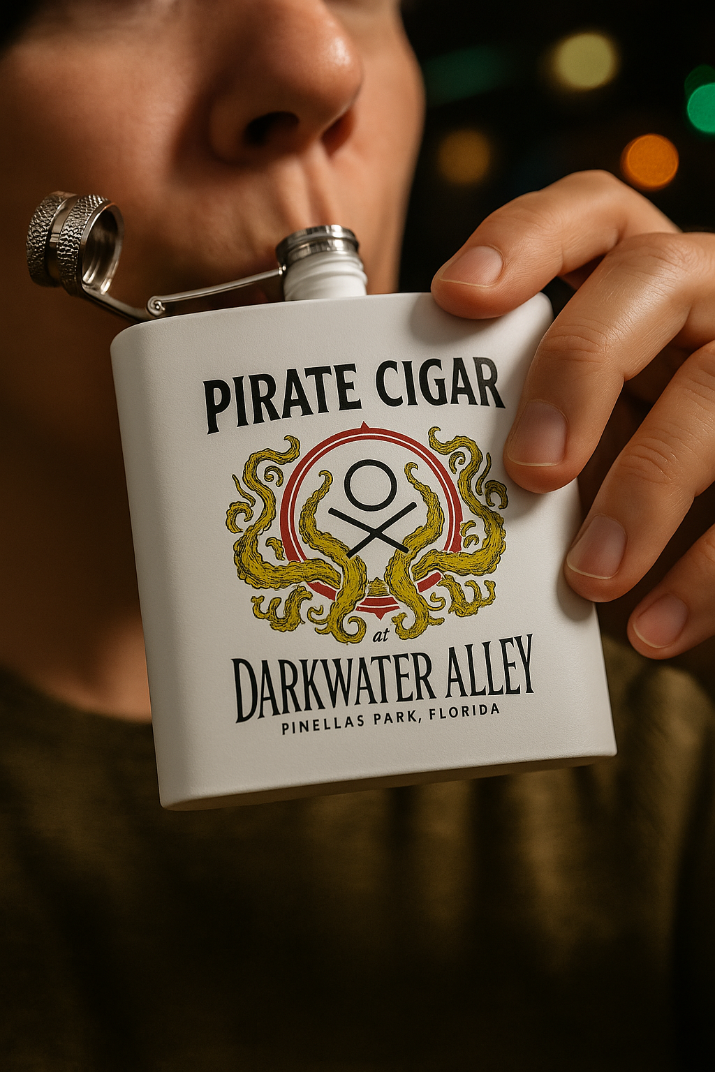 Pirate Cigar kraken crest 6oz powder coated stainless steel hip flask, alternate view