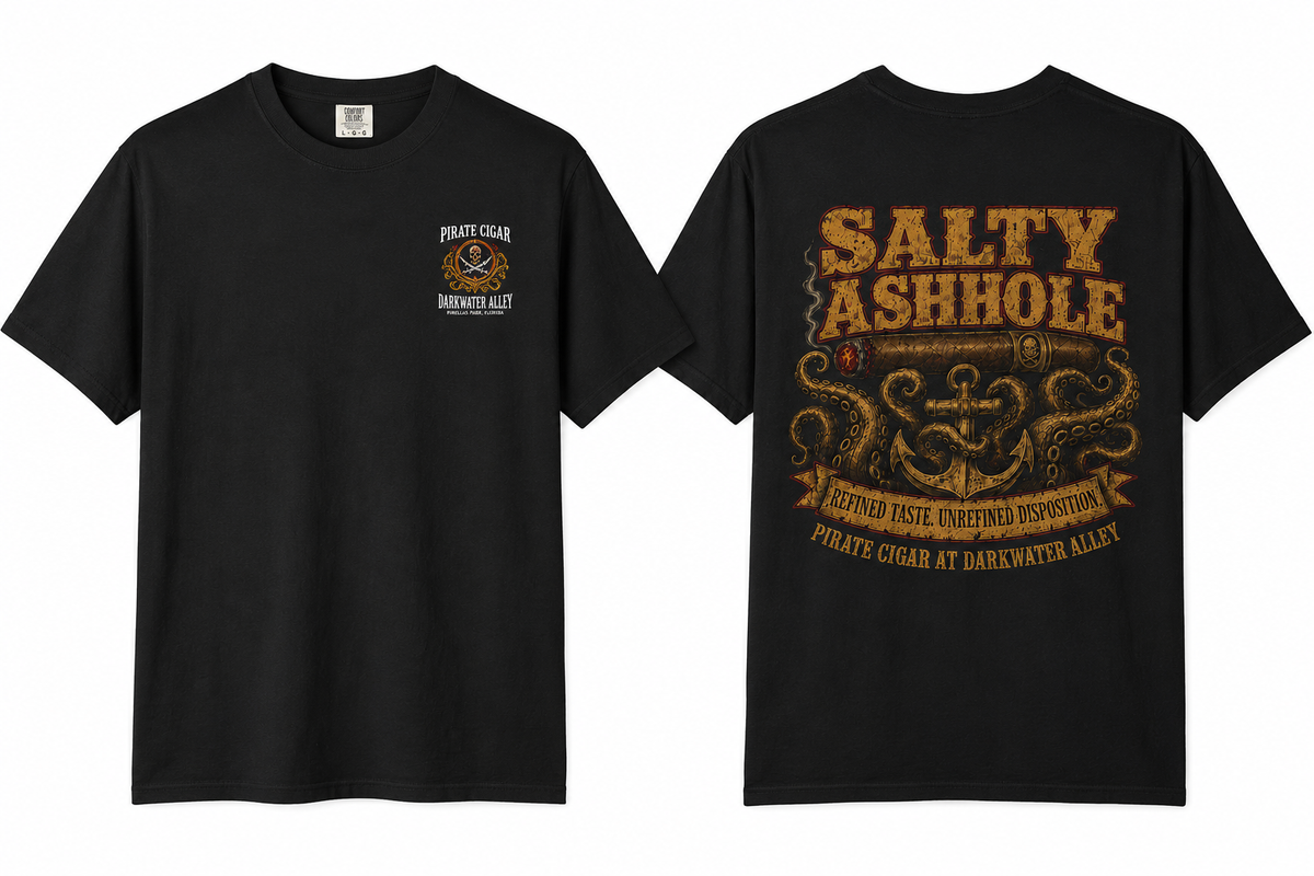 Salty Ashhole Comfort Colors cigar tee with chest logo and back print, alternate view