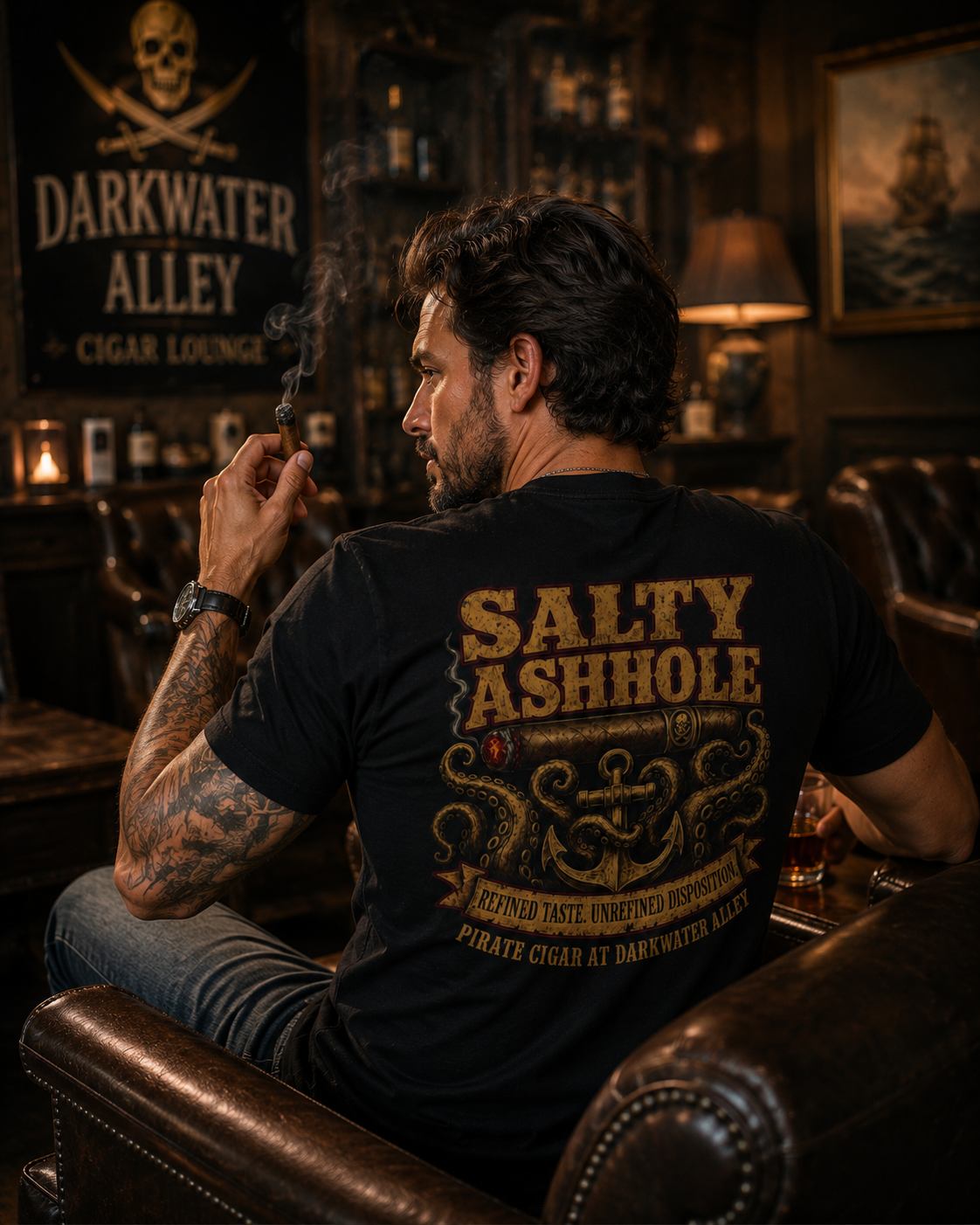 Salty Ashhole Comfort Colors cigar tee with chest logo and back print, alternate view