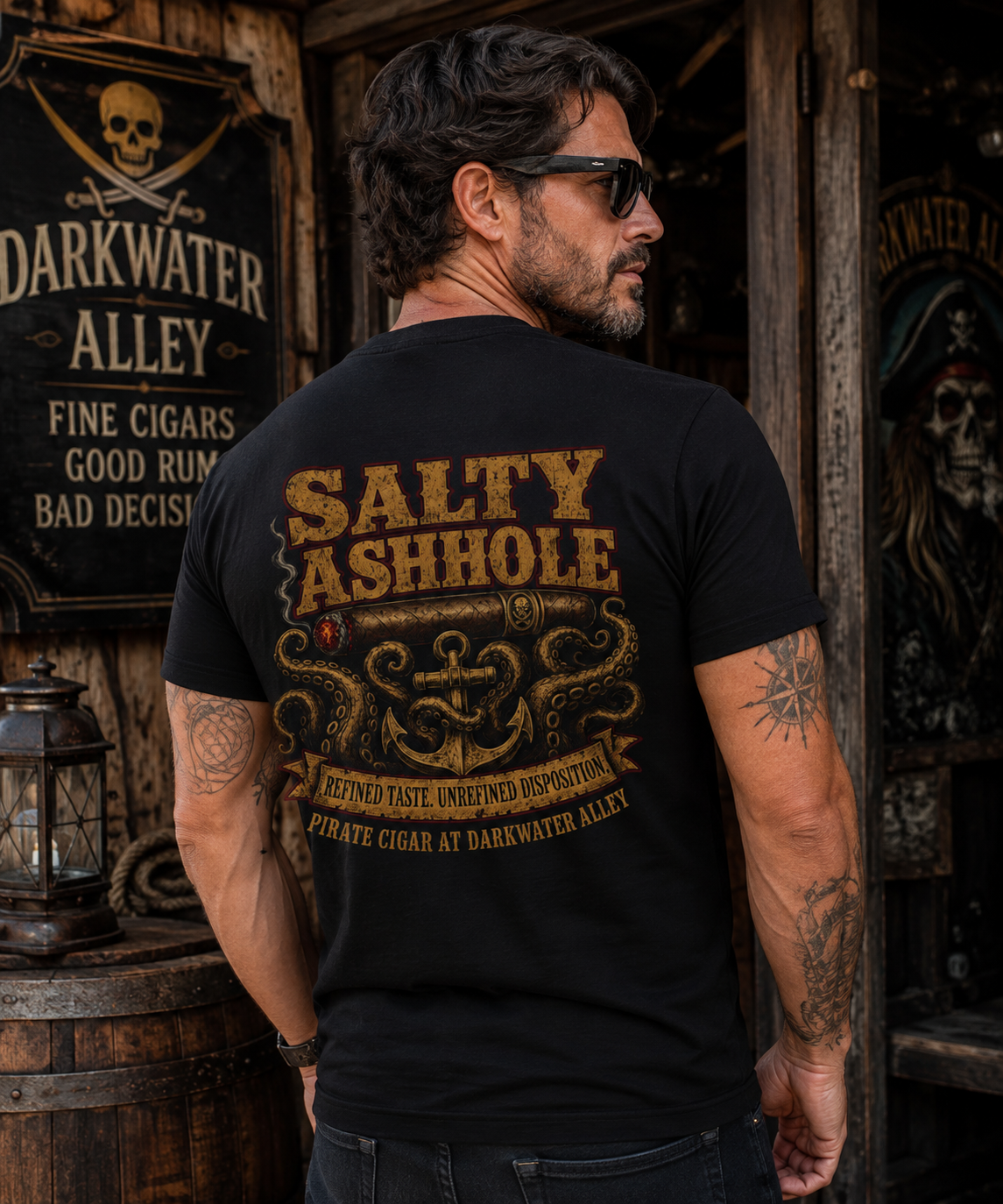 Comfort Colors tee with the Salty Ashhole pirate lounge chest logo and kraken back print