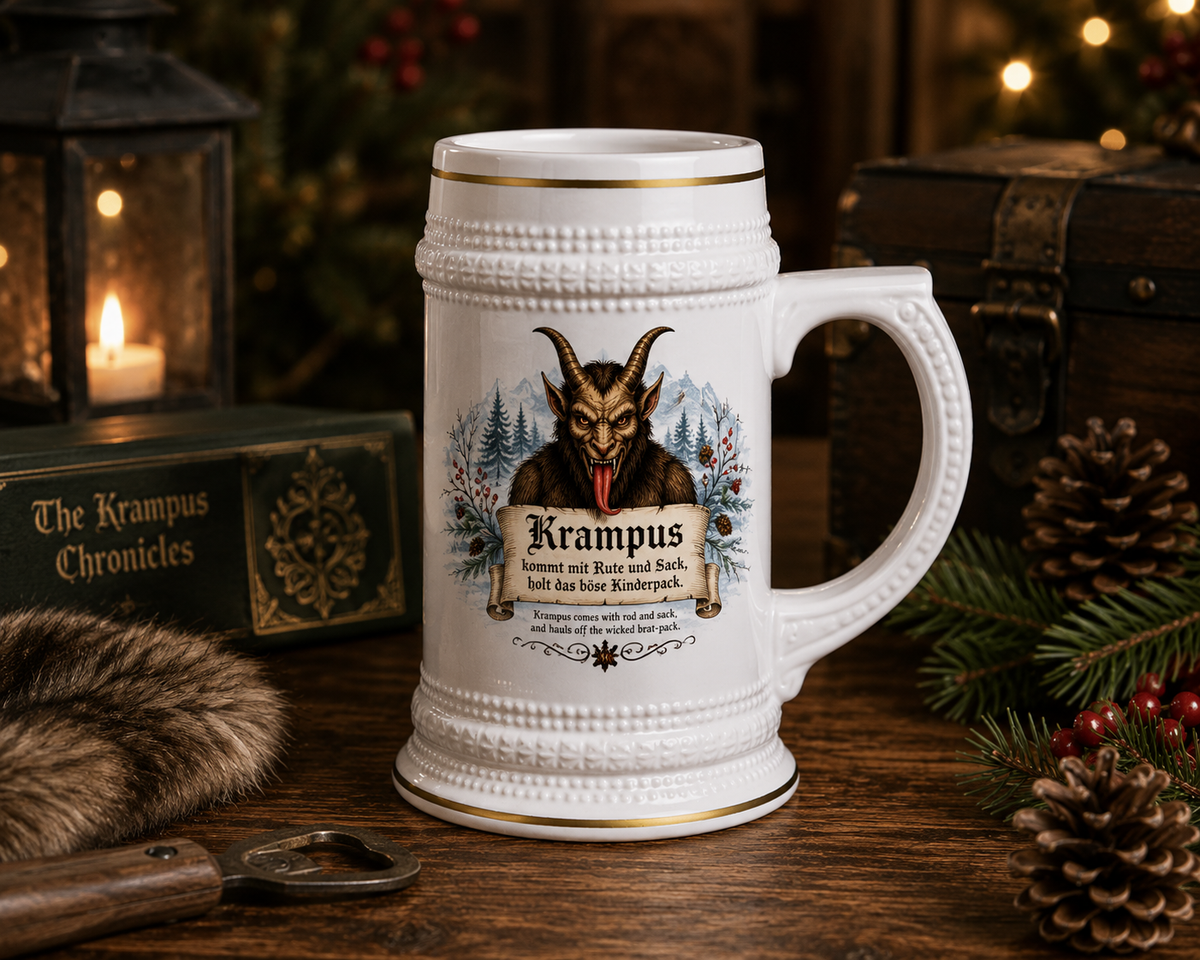22oz gothic ceramic beer stein with Krampus Alpine folklore artwork