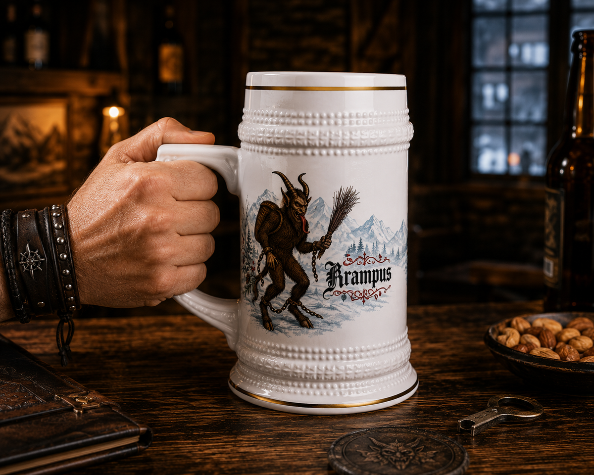 Krampus 22oz gothic ceramic beer stein, alternate view