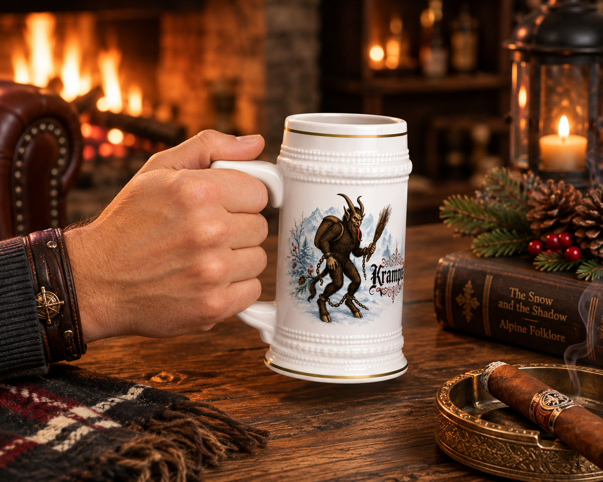 Krampus 22oz gothic ceramic beer stein, alternate view