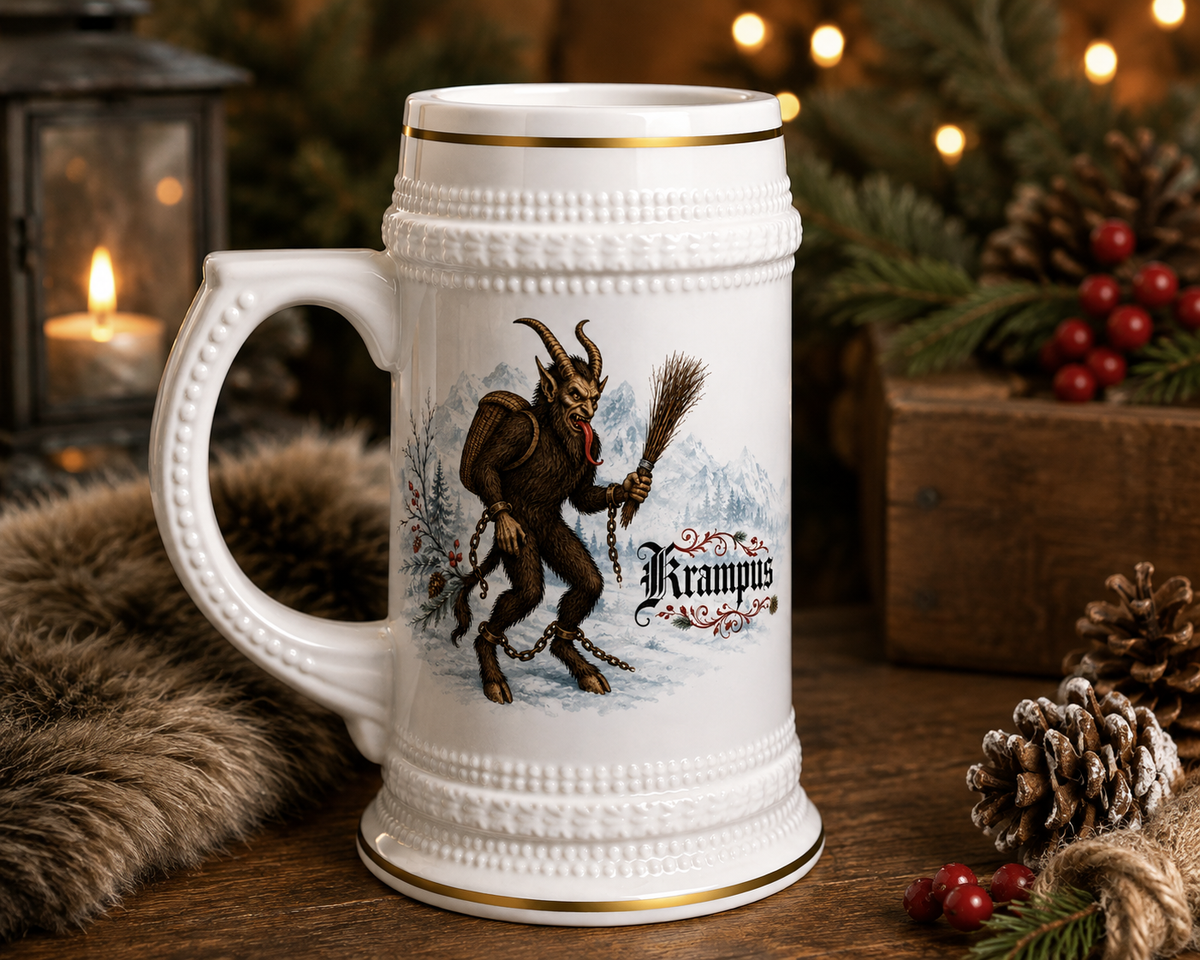 Krampus 22oz gothic ceramic beer stein, alternate view