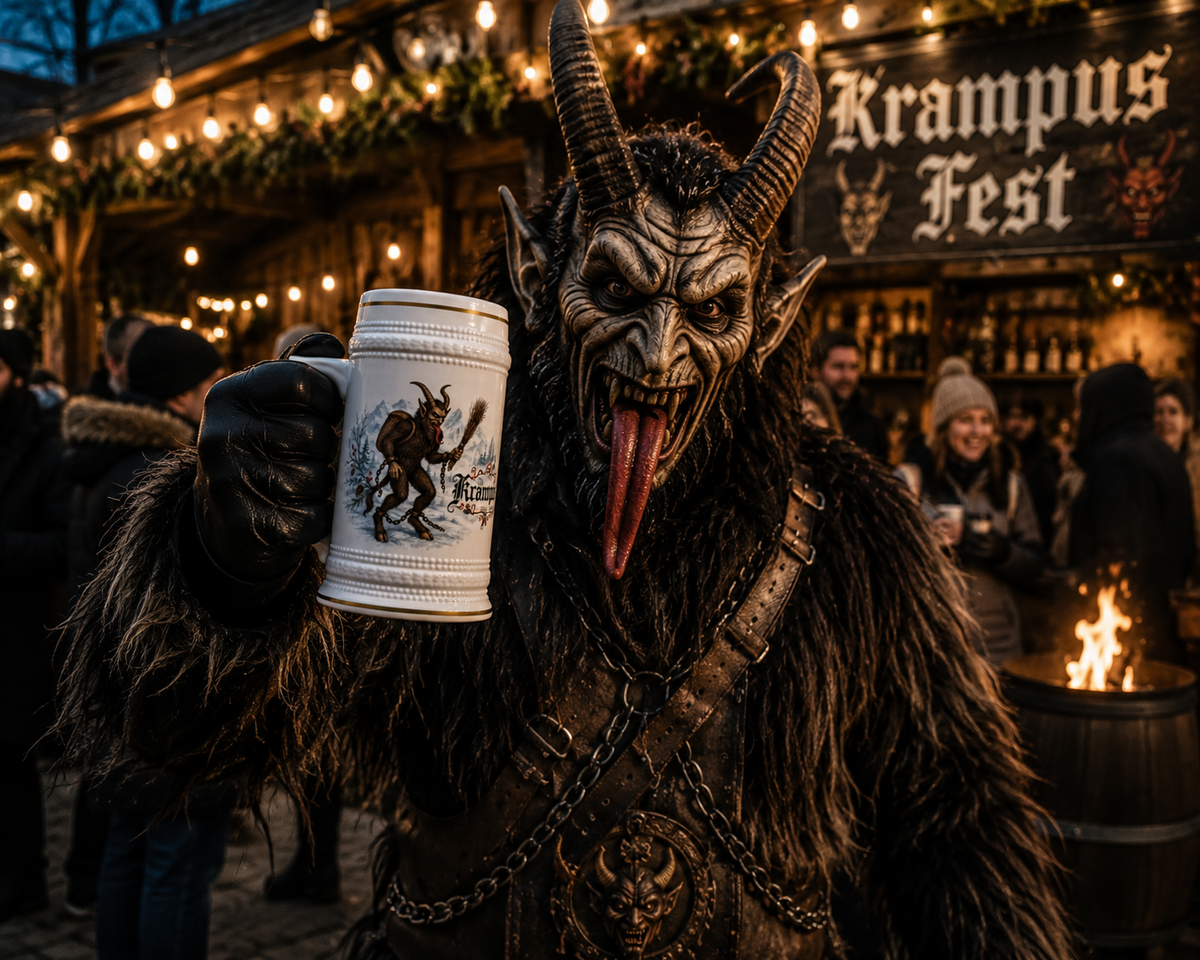 Krampus 22oz gothic ceramic beer stein, alternate view