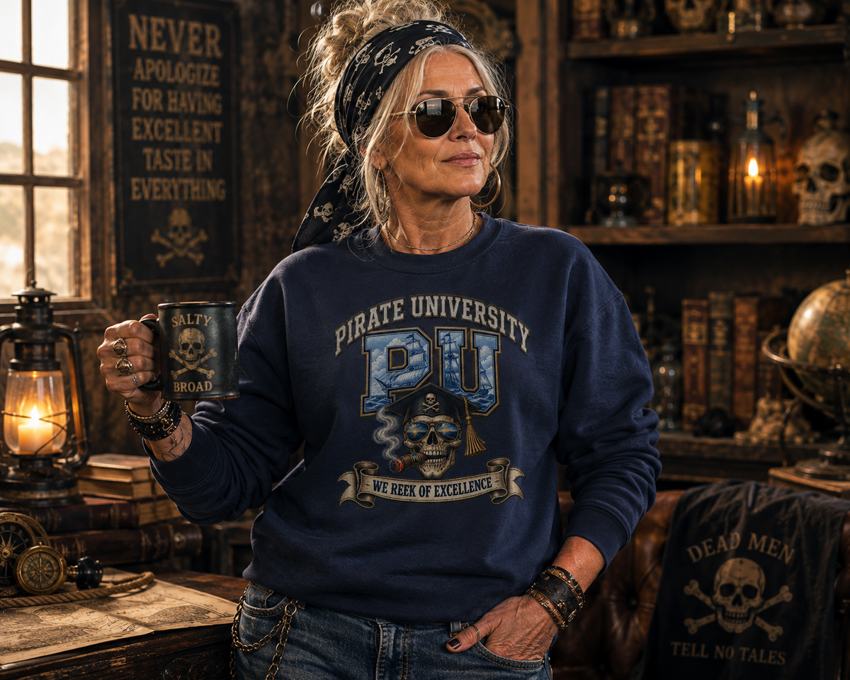 Pirate University collegiate crest cigar skull crewneck sweatshirt, alternate view