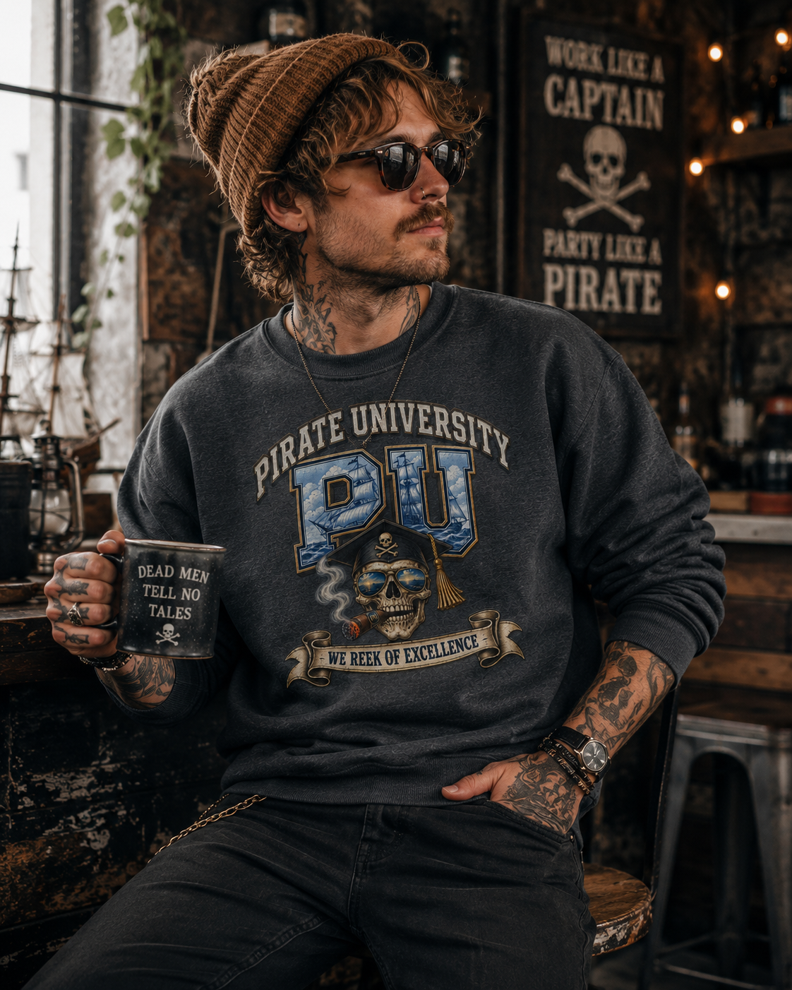 Pirate University collegiate crest cigar skull crewneck sweatshirt, alternate view