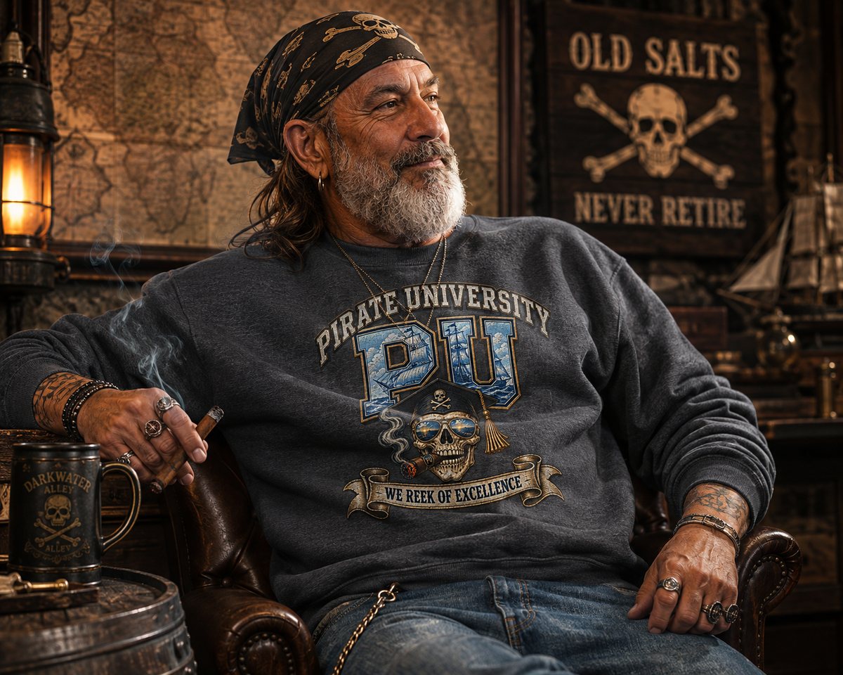 Pirate University collegiate crest cigar skull crewneck sweatshirt, alternate view