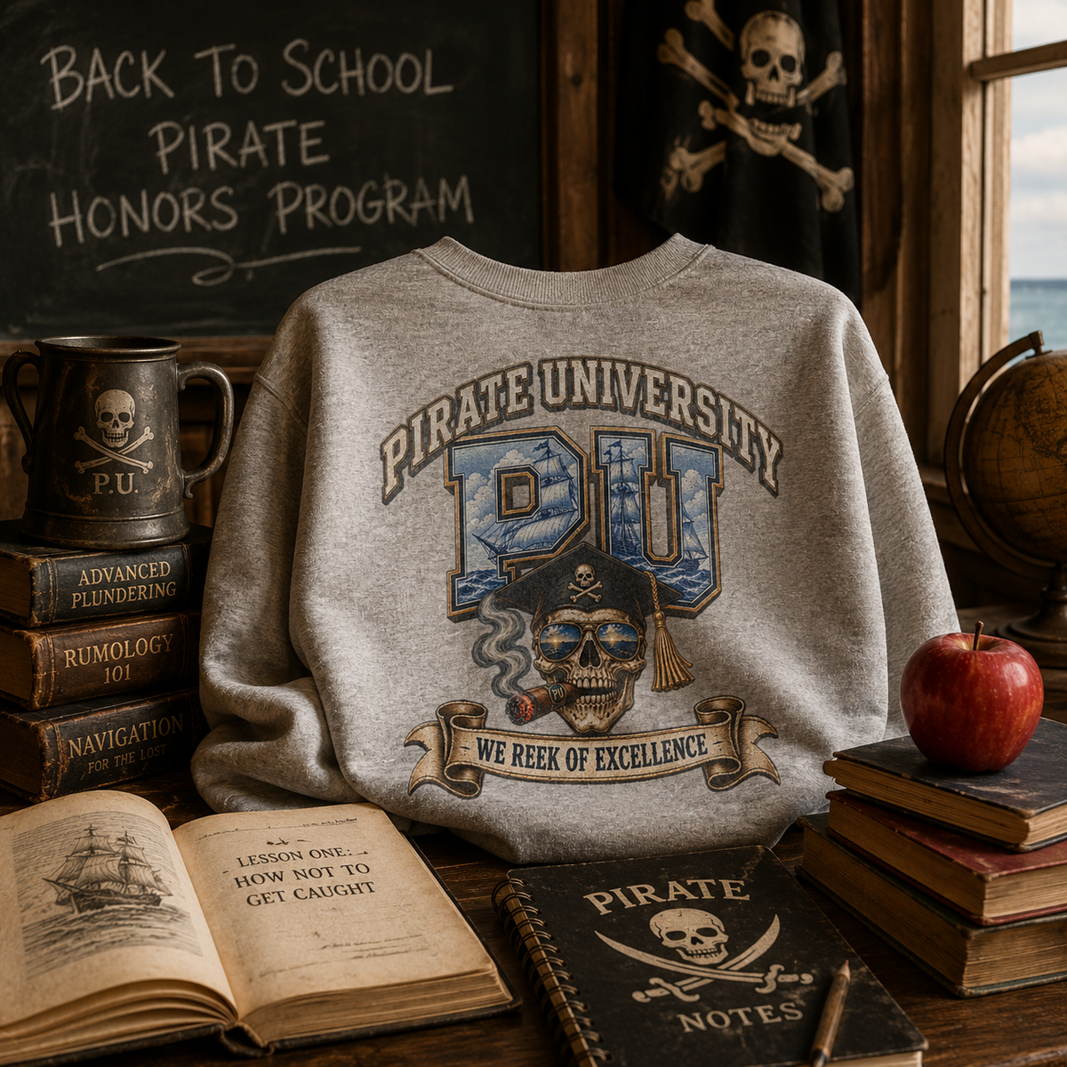 Pirate University collegiate crest cigar skull crewneck sweatshirt, alternate view