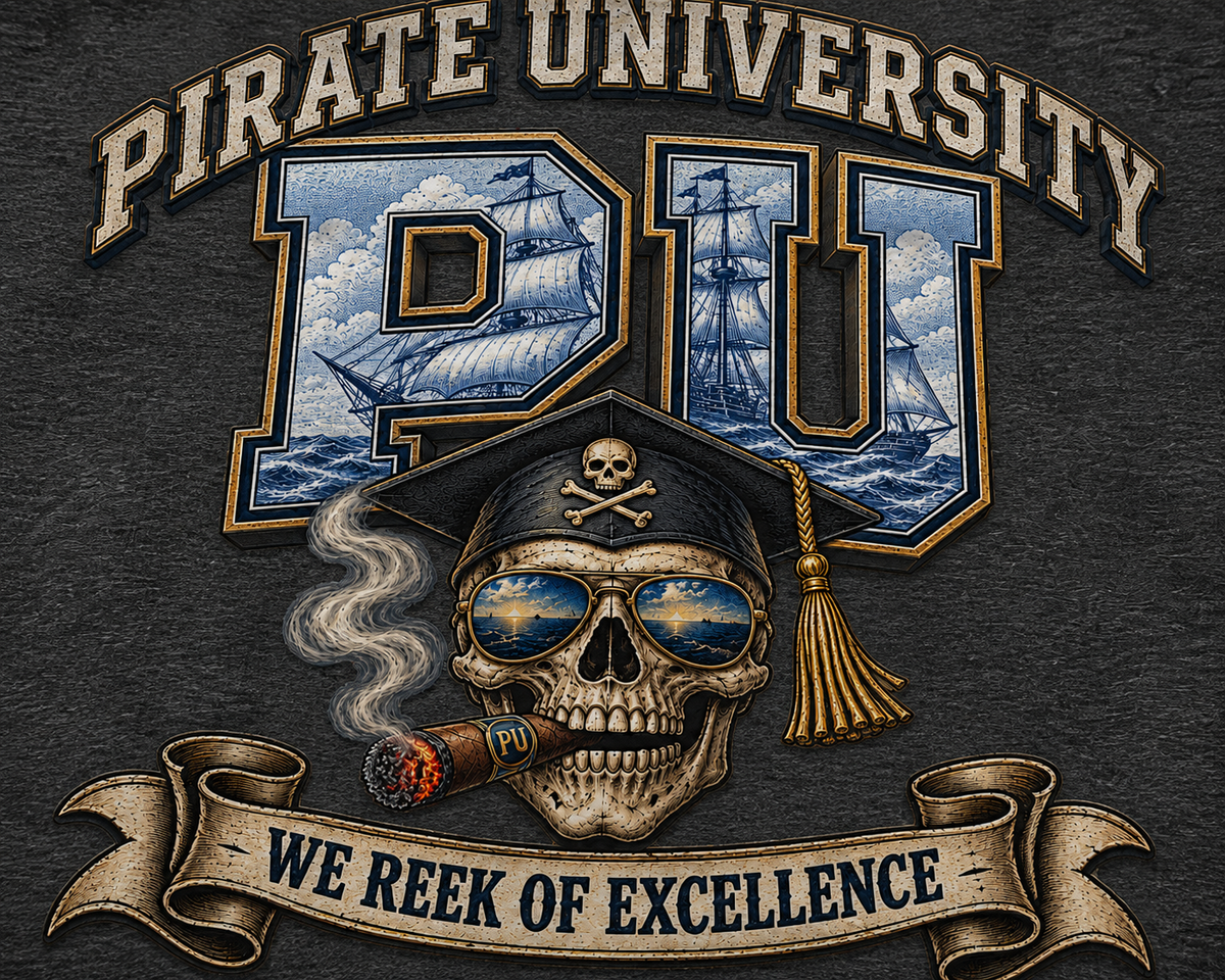 Pirate University collegiate crest cigar skull crewneck sweatshirt, alternate view
