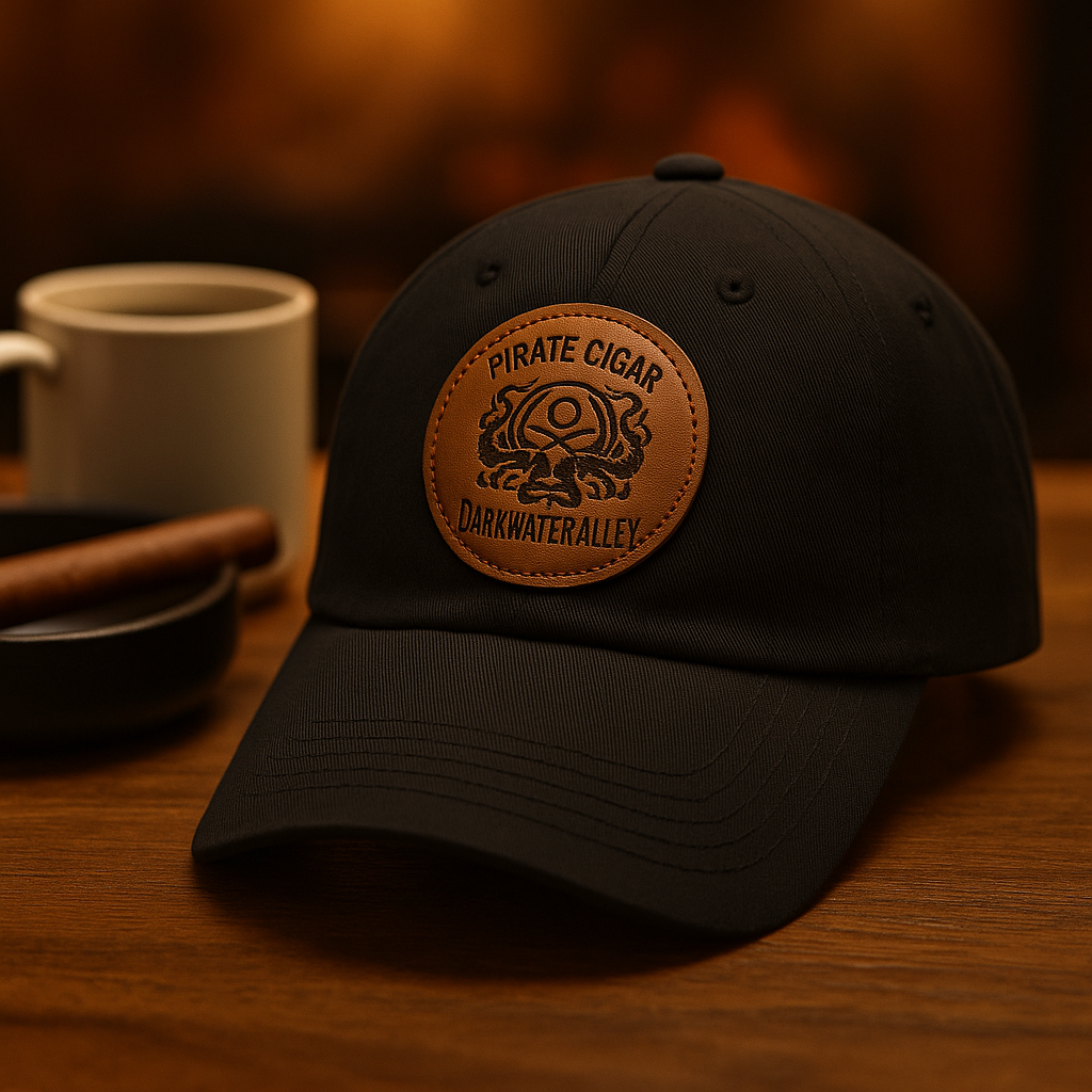 Black unstructured dad hat with a round leather patch engraved with the Pirate Cigar kraken crest