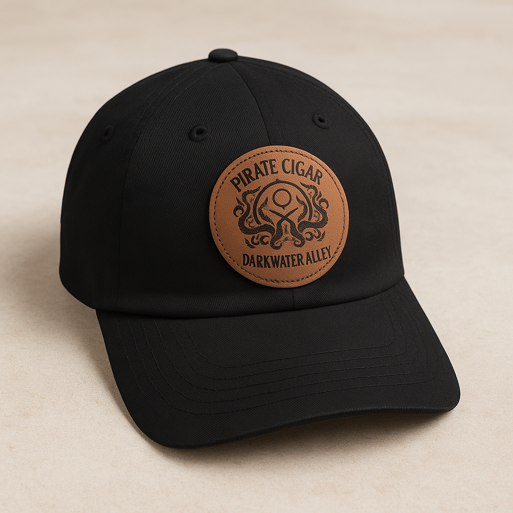 Pirate Cigar leather patch black baseball cap, alternate view