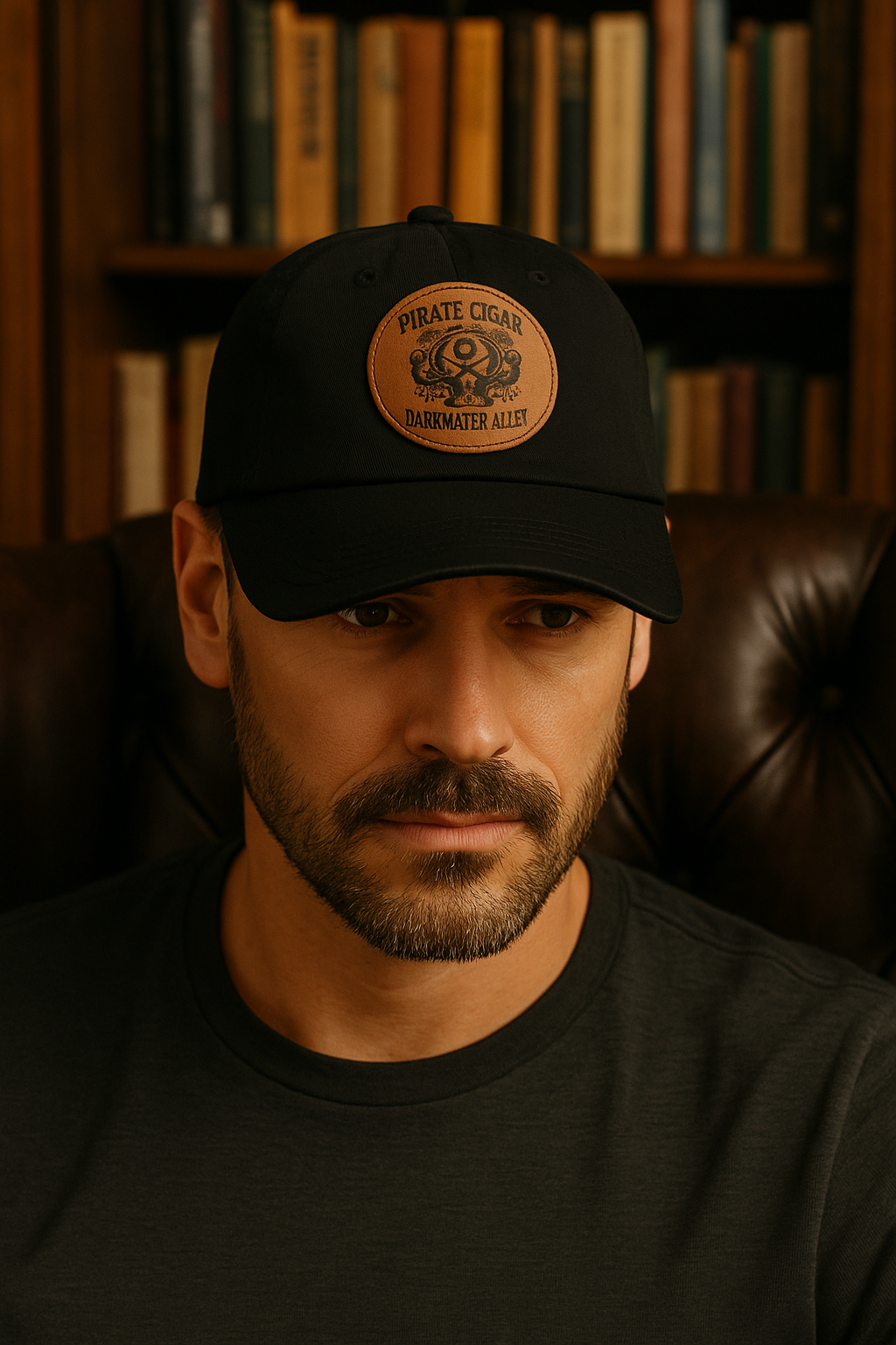 Pirate Cigar leather patch black baseball cap, alternate view