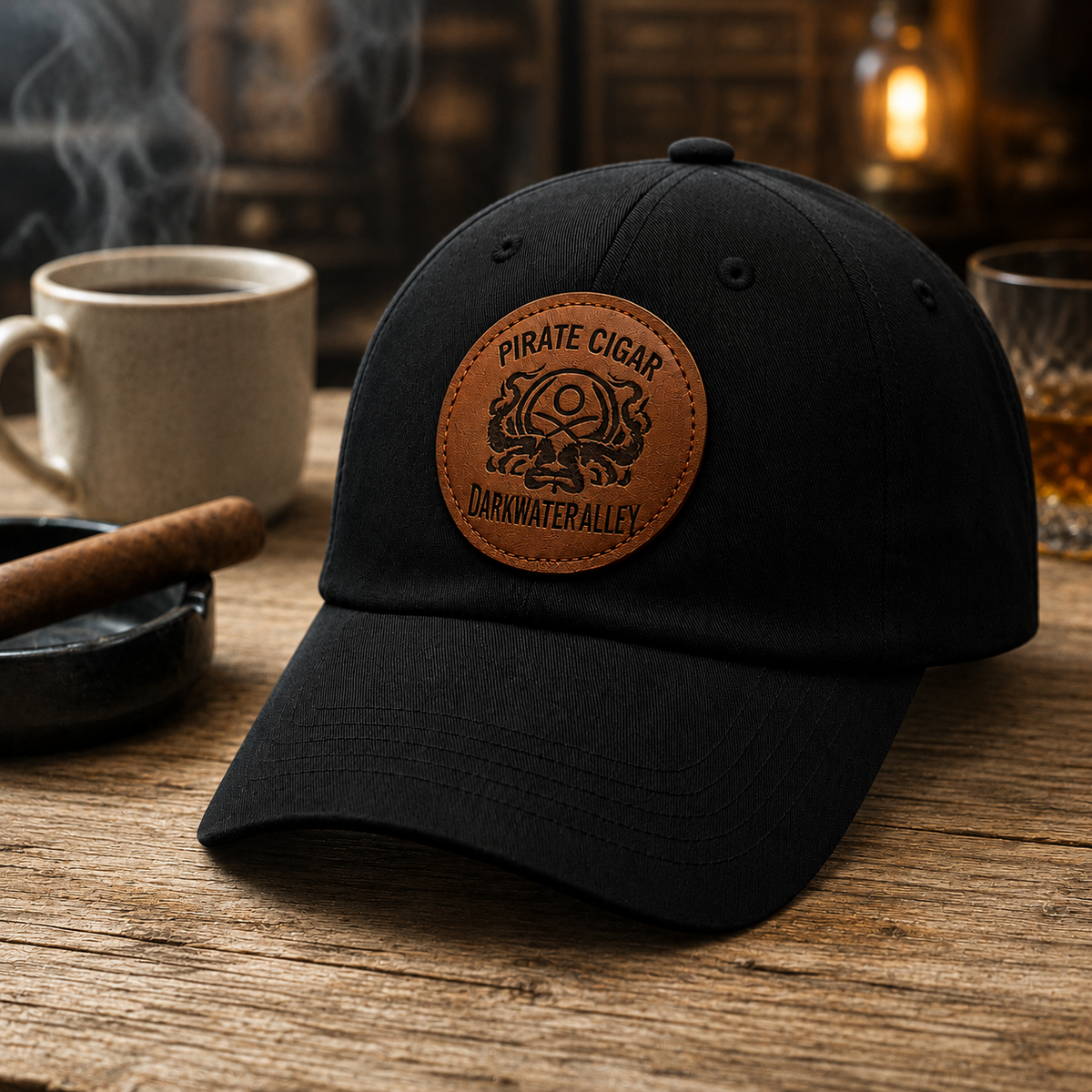 Pirate Cigar leather patch black baseball cap, alternate view