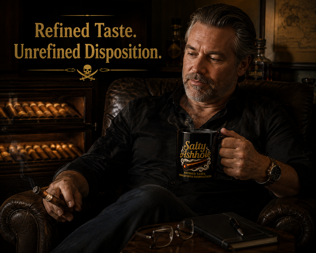 Glossy black ceramic mug with gold Salty Ashhole script, a lit cigar and smoke scrollwork