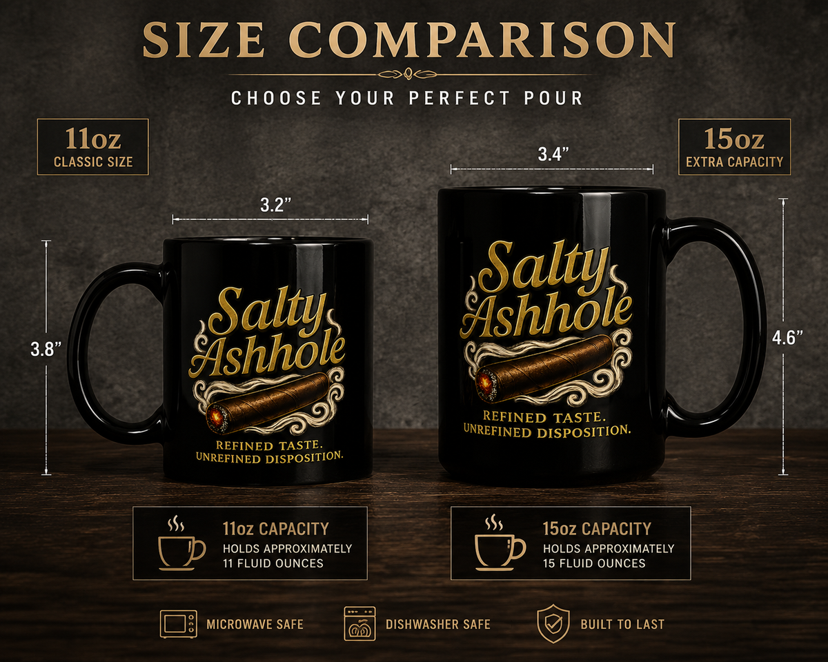 Salty Ashhole gold script on glossy black ceramic cigar mug, alternate view