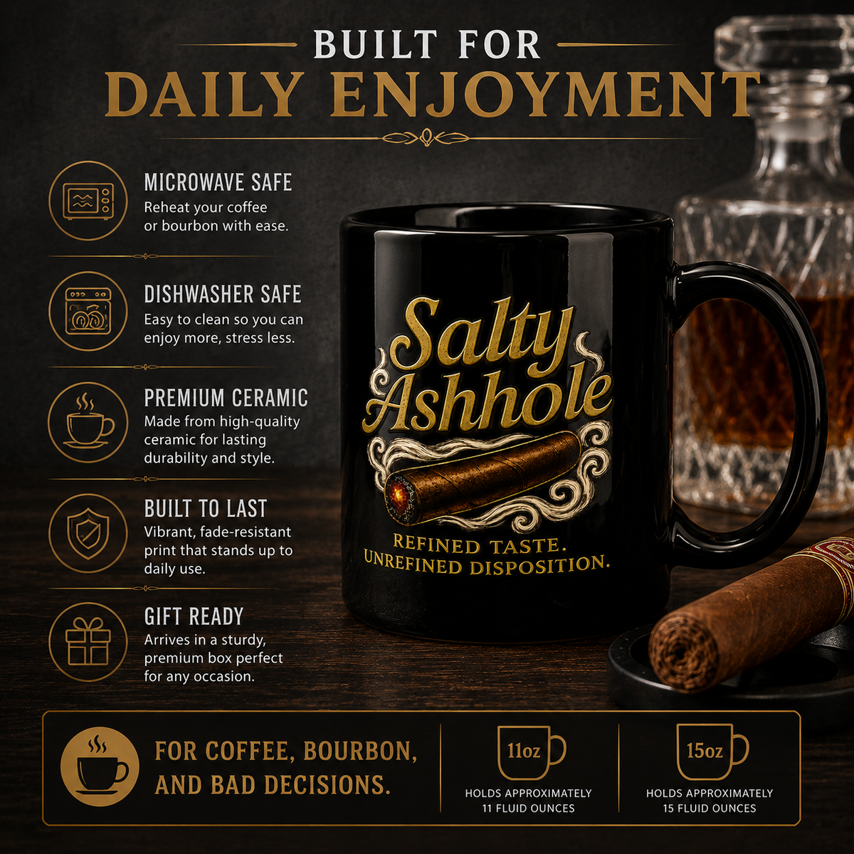 Salty Ashhole gold script on glossy black ceramic cigar mug, alternate view