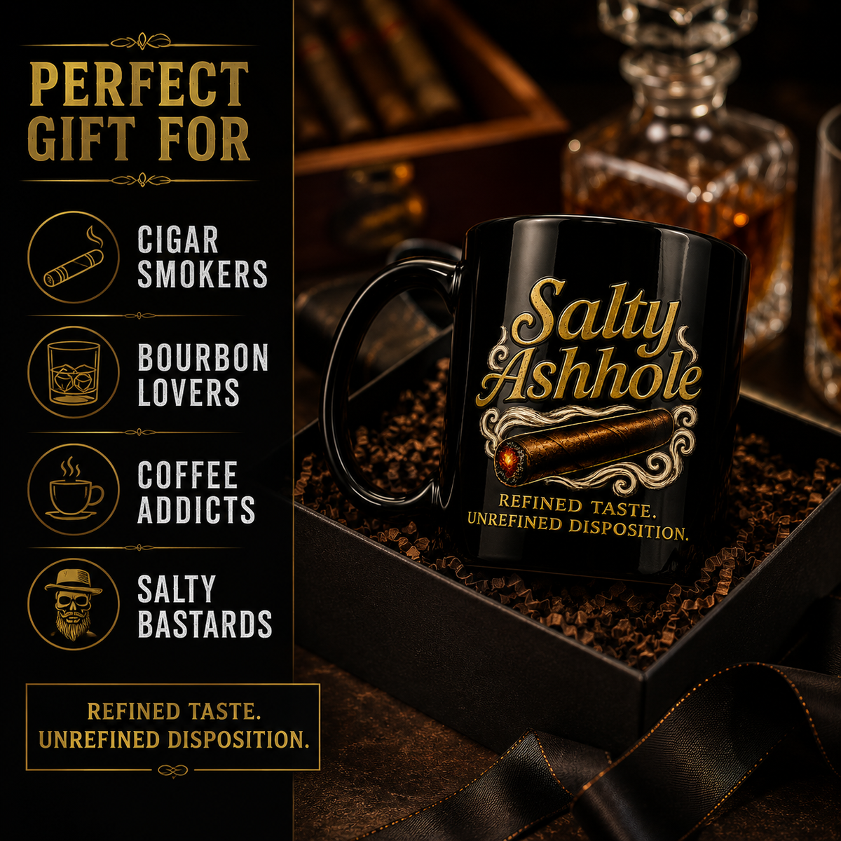 Salty Ashhole gold script on glossy black ceramic cigar mug, alternate view