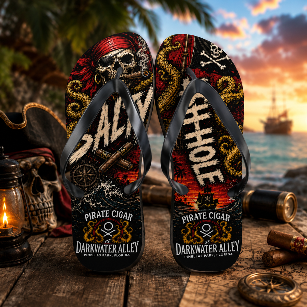 Flip flops with black straps and a printed footbed showing a cigar smoking pirate skull and kraken art