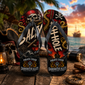 Flip flops with black straps and a printed footbed showing a cigar smoking pirate skull and kraken art