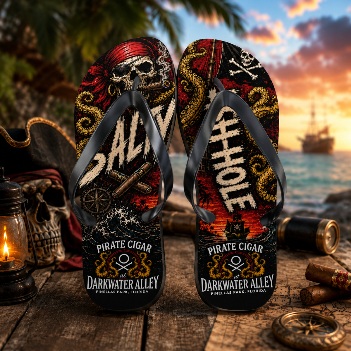 Flip flops with black straps and a printed footbed showing a cigar smoking pirate skull and kraken art