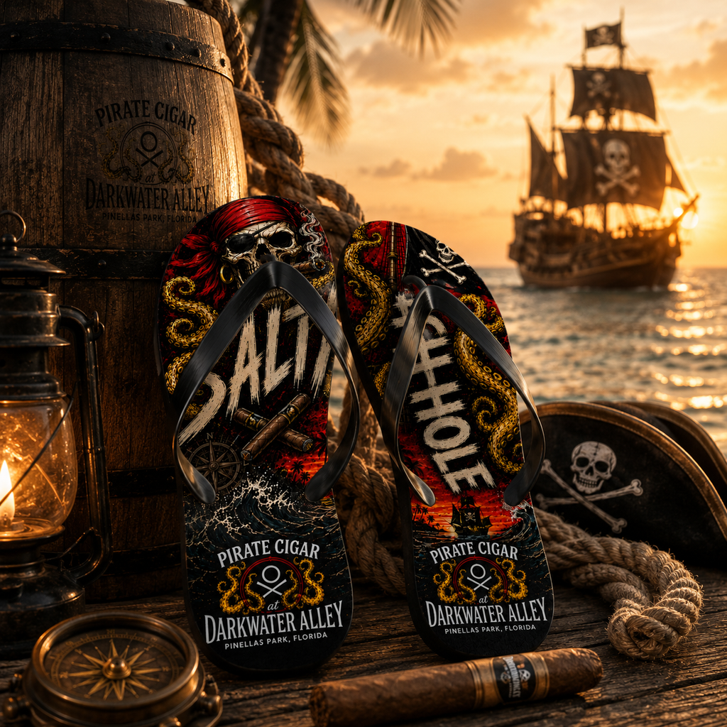 Salty Ashhole pirate cigar flip flops with printed kraken footbed, alternate view