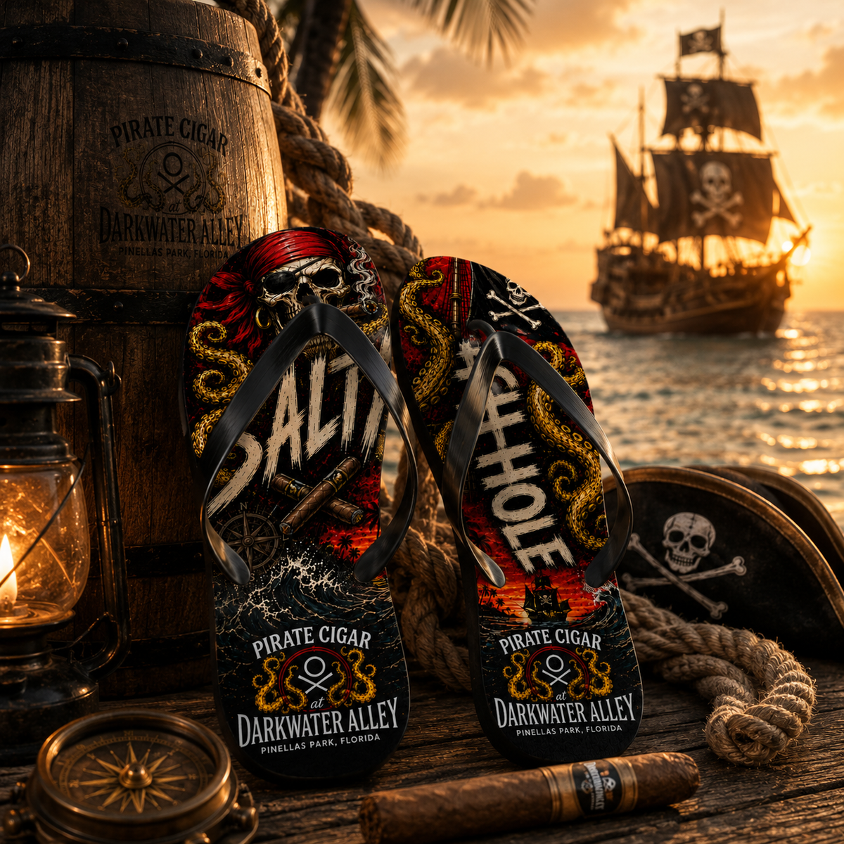 Salty Ashhole pirate cigar flip flops with printed kraken footbed, alternate view