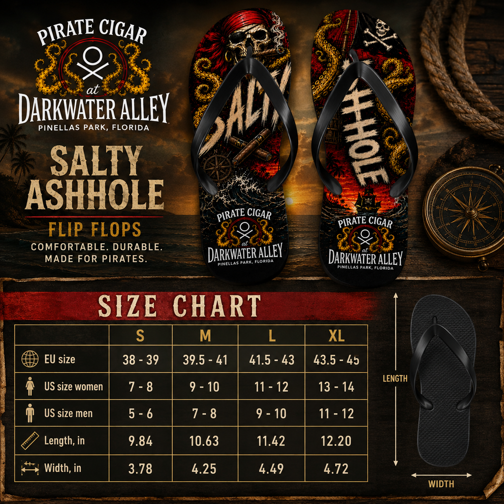 Salty Ashhole pirate cigar flip flops with printed kraken footbed, alternate view