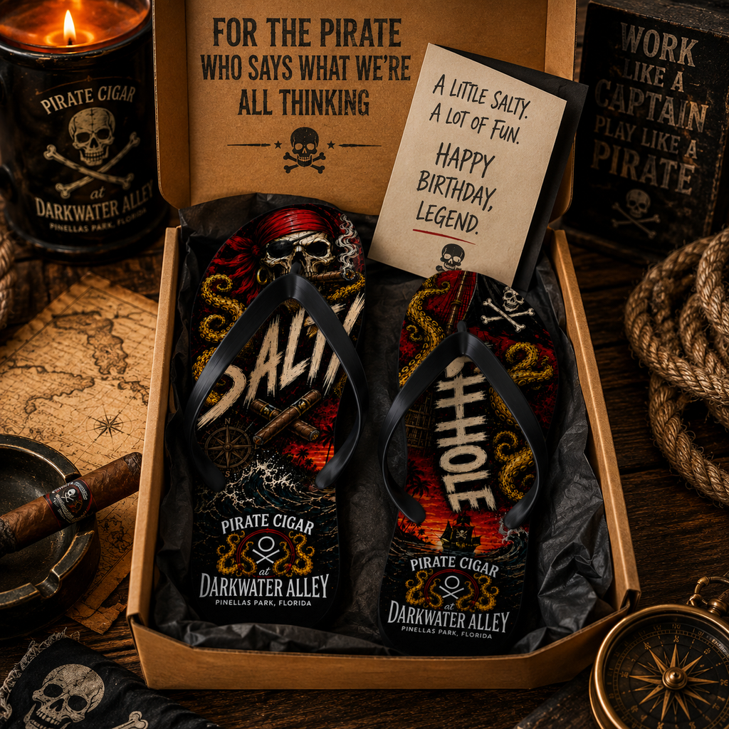 Salty Ashhole pirate cigar flip flops with printed kraken footbed, alternate view