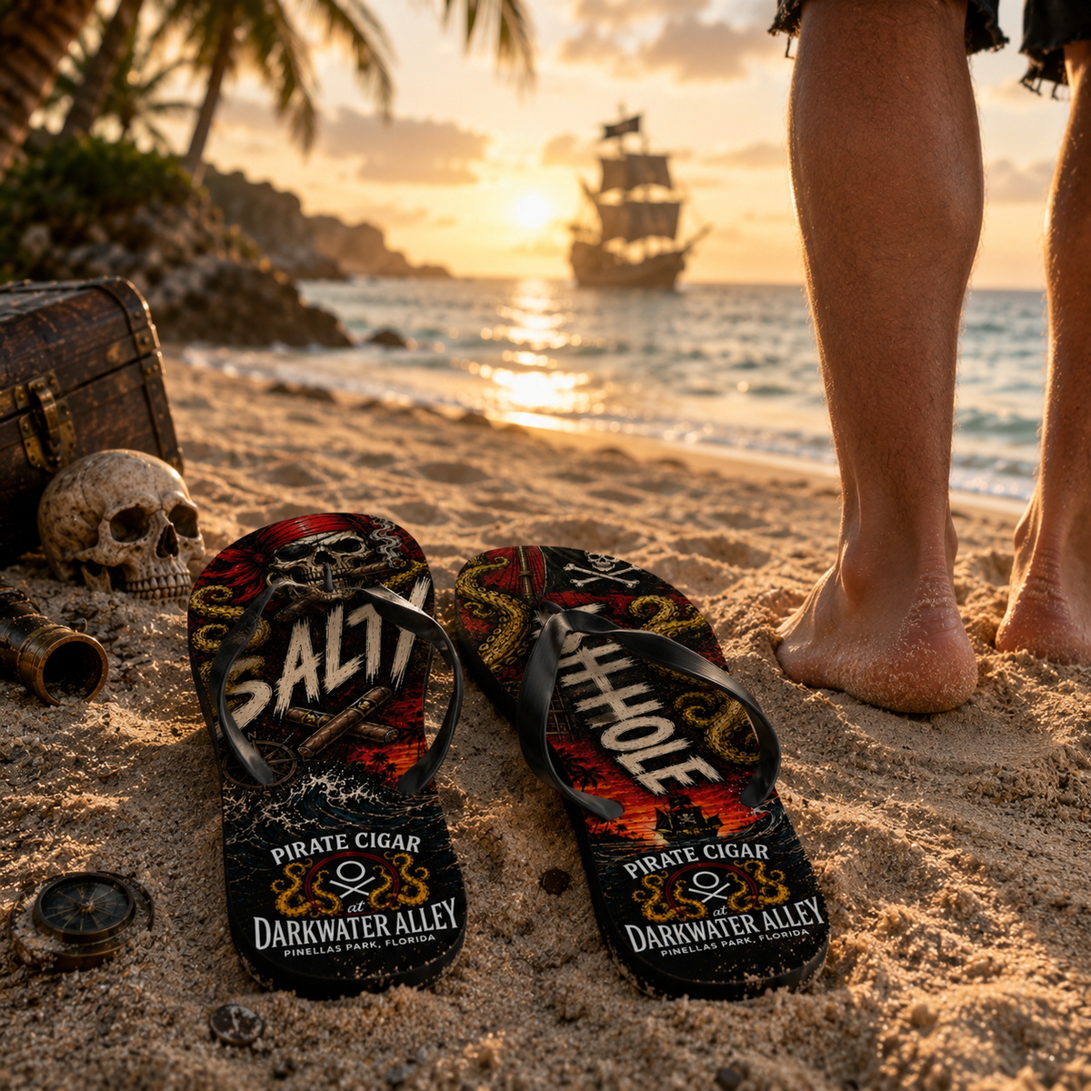 Salty Ashhole pirate cigar flip flops with printed kraken footbed, alternate view
