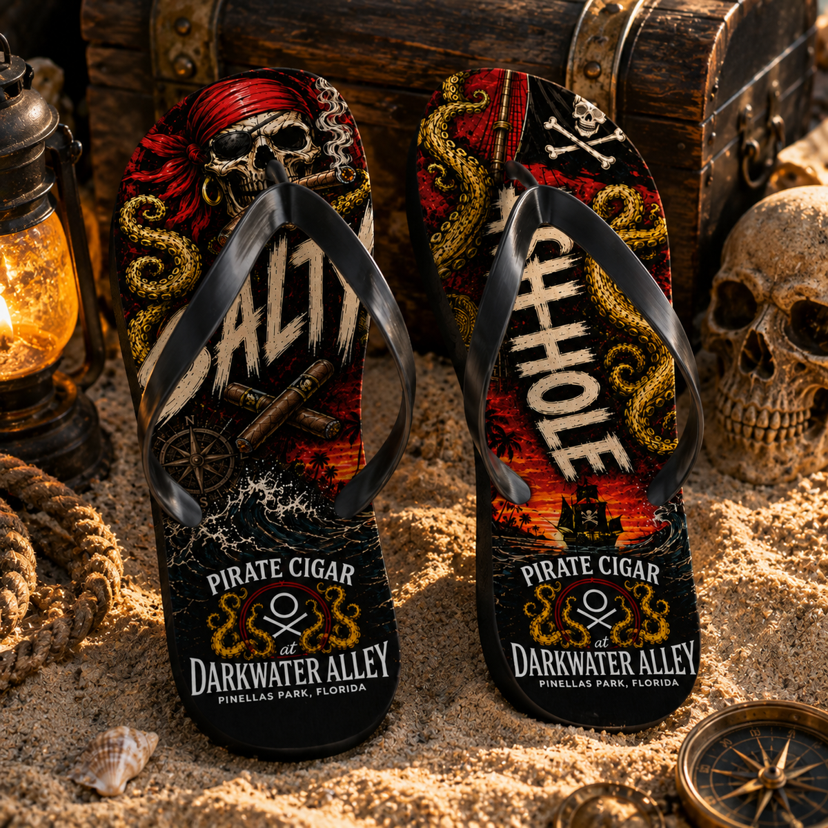 Salty Ashhole pirate cigar flip flops with printed kraken footbed, alternate view