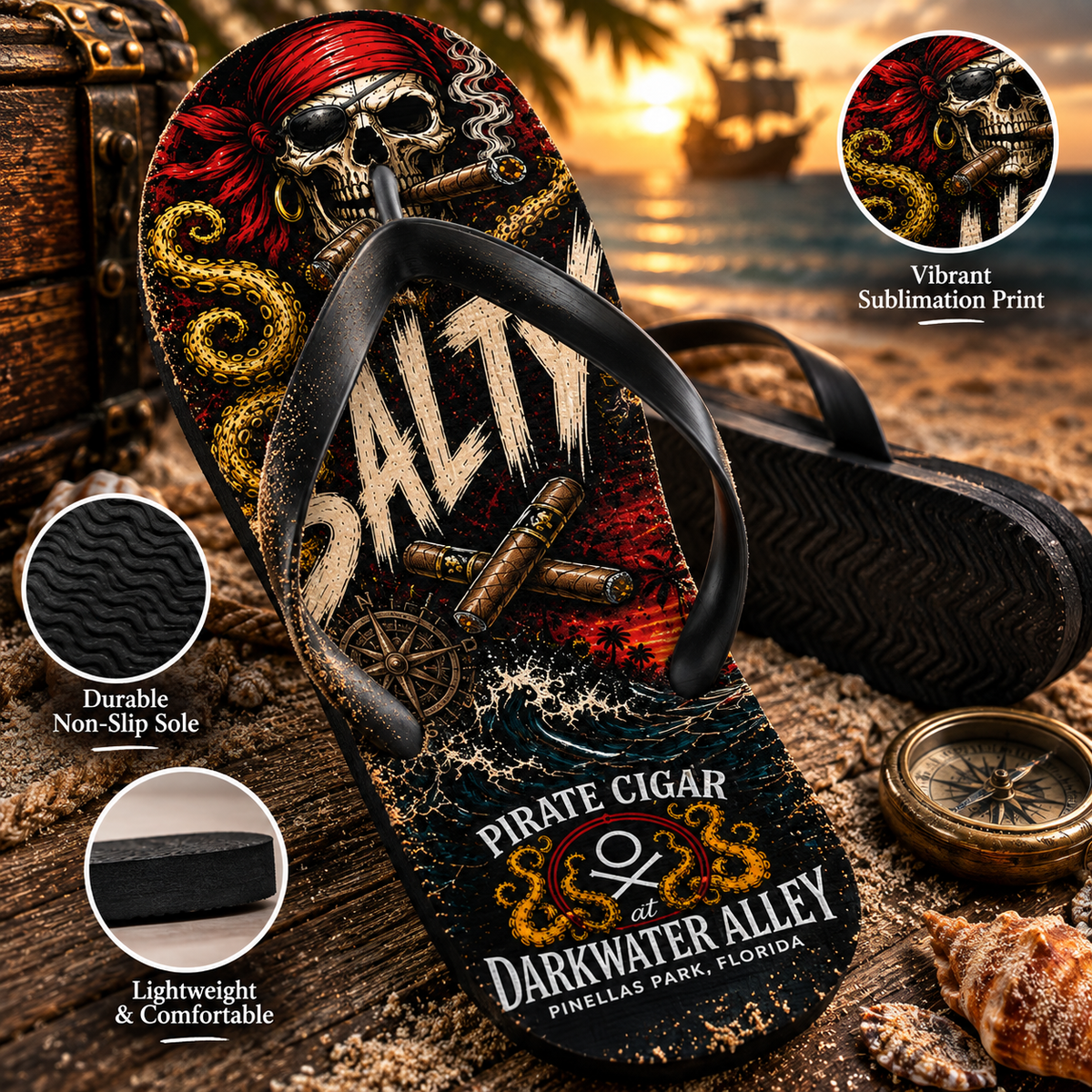 Salty Ashhole pirate cigar flip flops with printed kraken footbed, alternate view