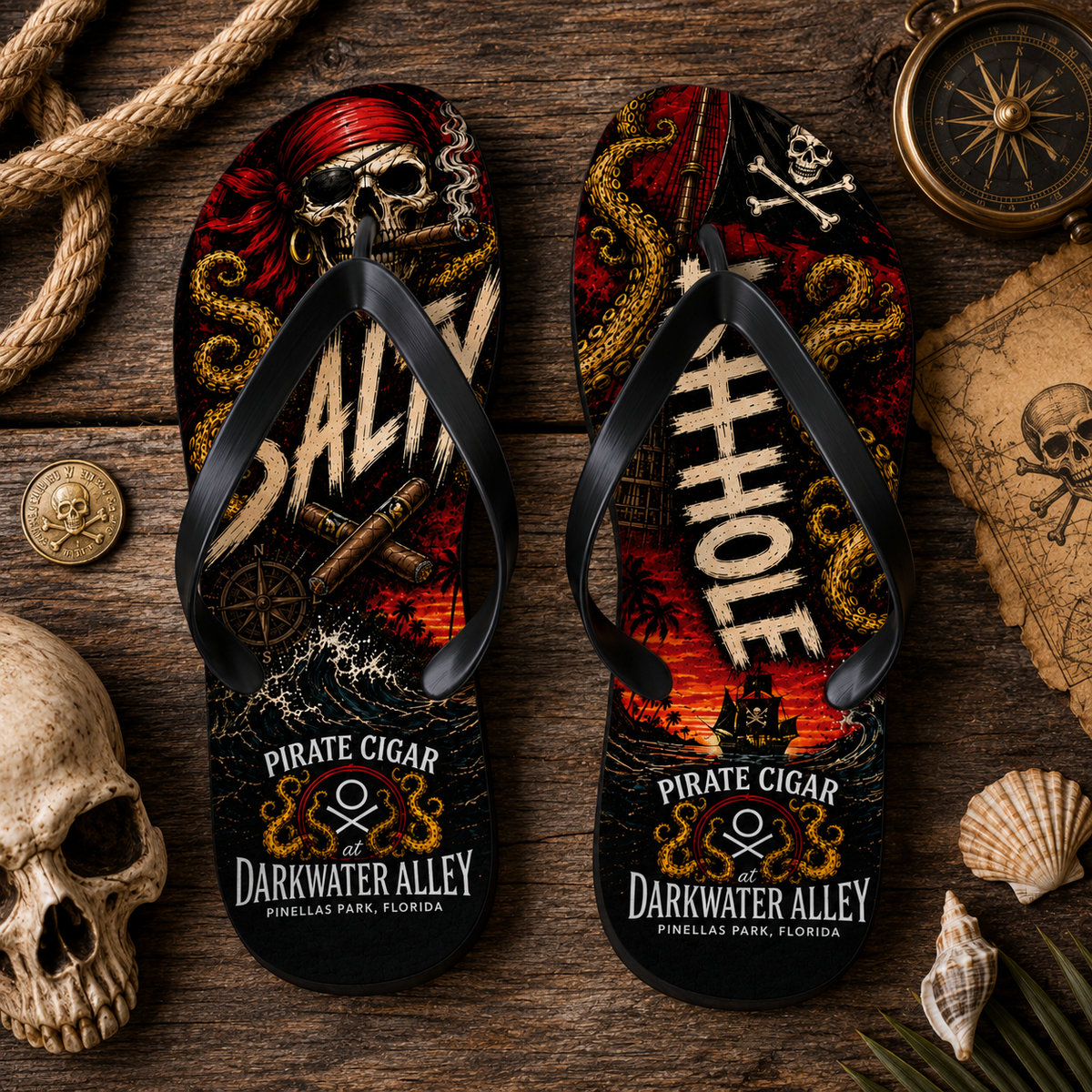 Salty Ashhole pirate cigar flip flops with printed kraken footbed, alternate view