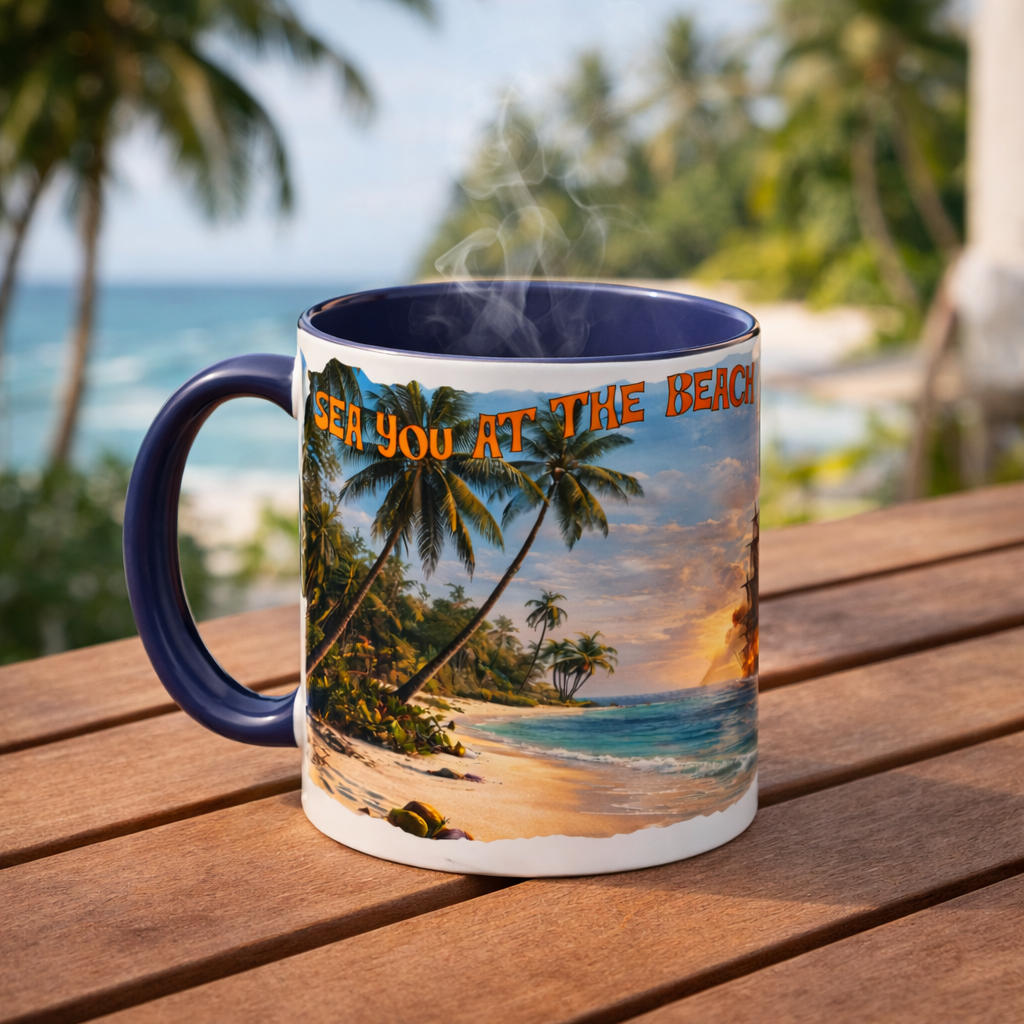 Two-tone ceramic mug with a wraparound Gasparilla scene of palms, a burning pirate ship and Tampa Bay, FL