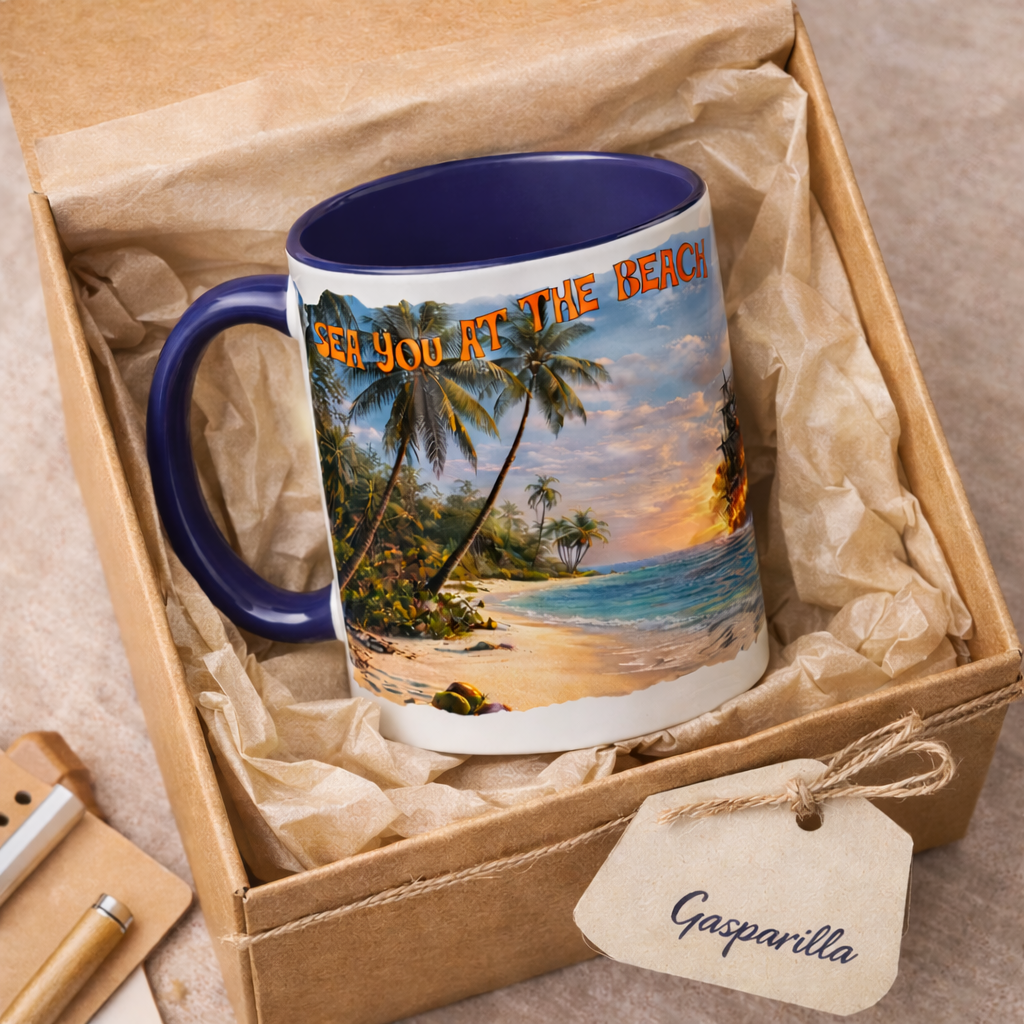 Sea You at the Beach Gasparilla two-tone ceramic mug, burning ship scene, alternate view