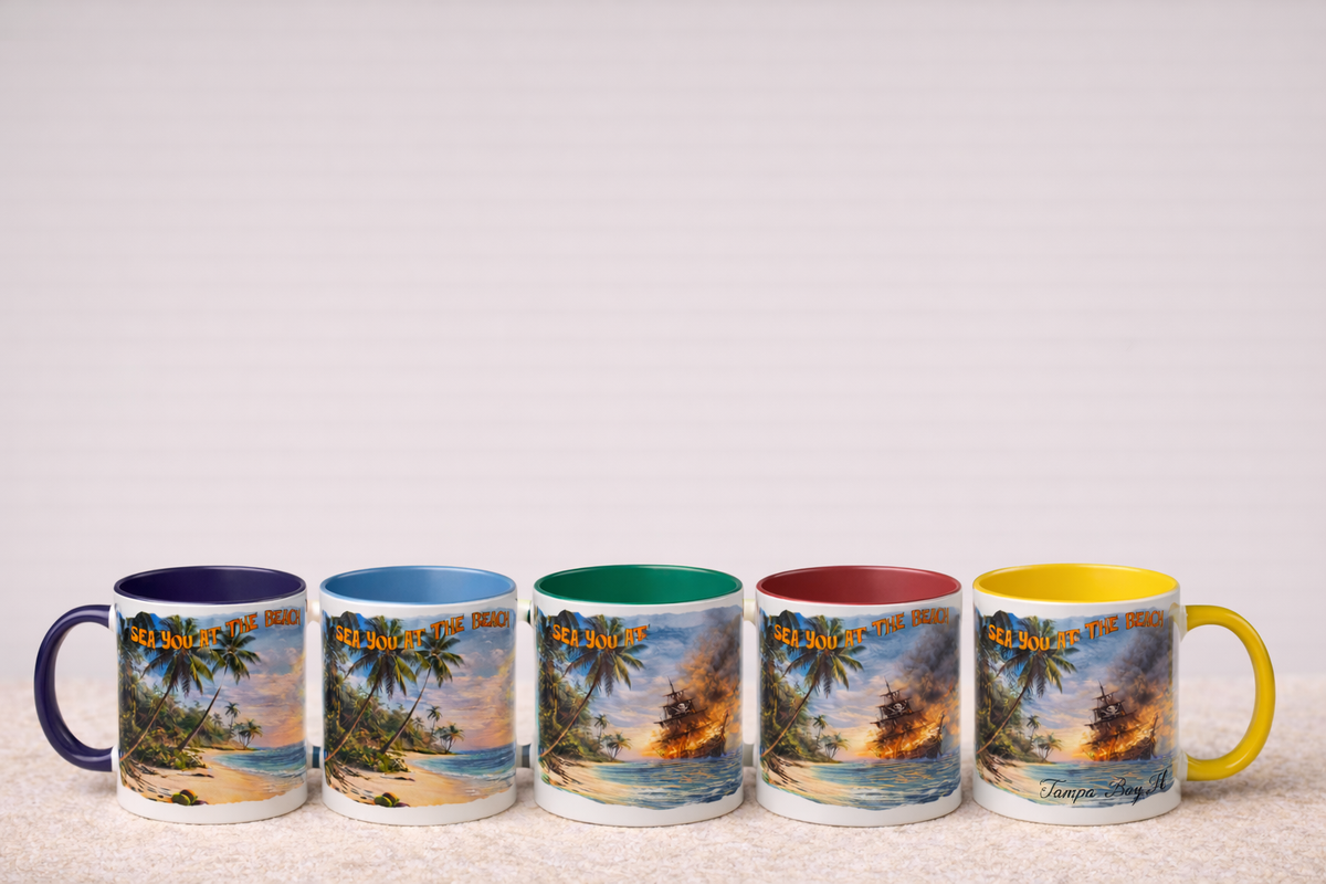 Sea You at the Beach Gasparilla two-tone ceramic mug, burning ship scene, alternate view