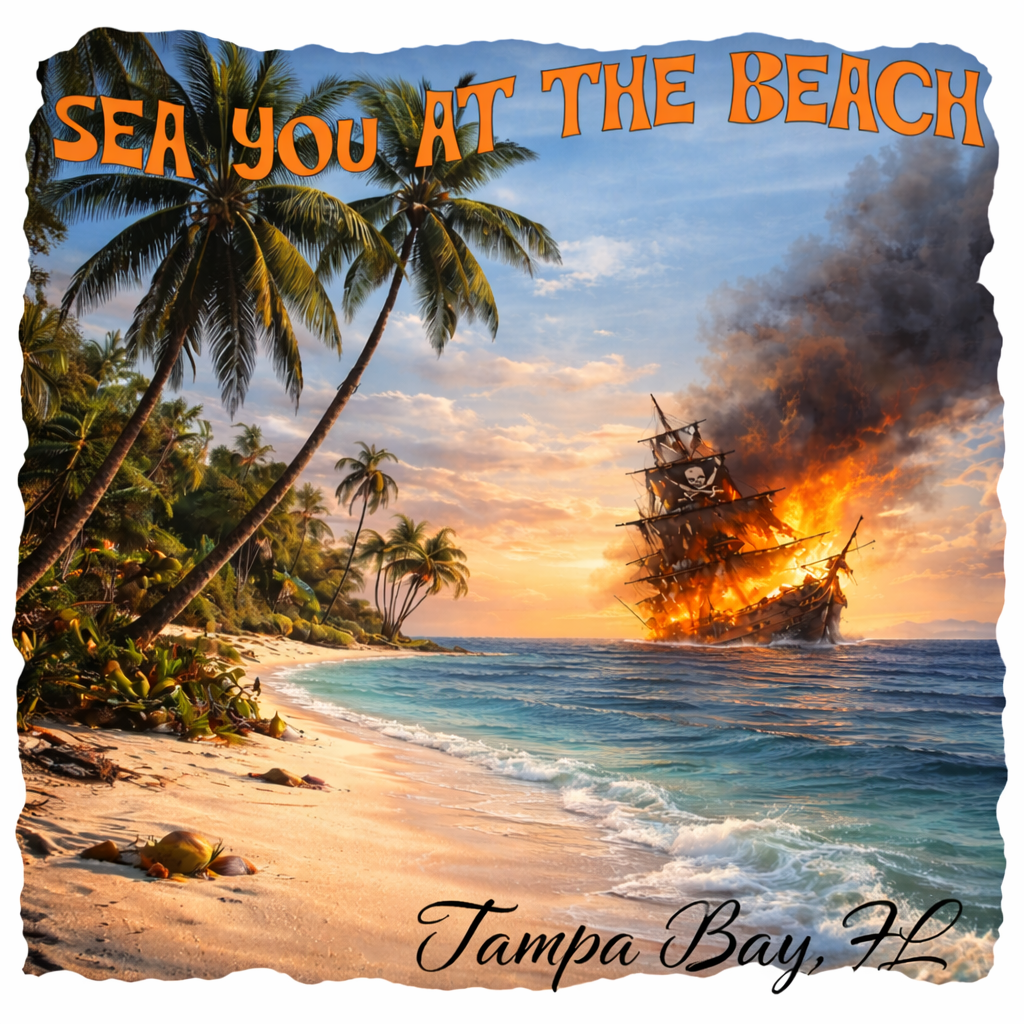 Sea You at the Beach Gasparilla two-tone ceramic mug, burning ship scene, alternate view