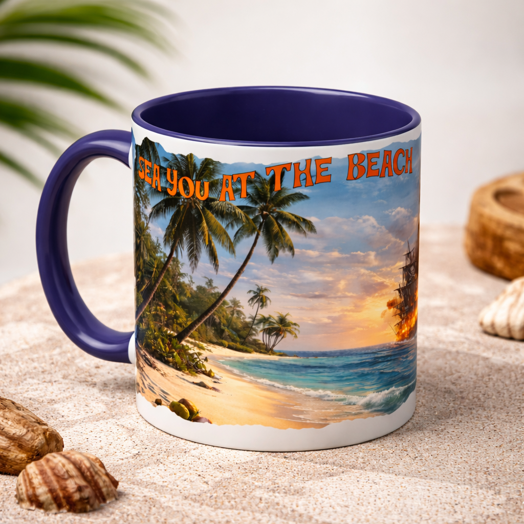 Sea You at the Beach Gasparilla two-tone ceramic mug, burning ship scene, alternate view